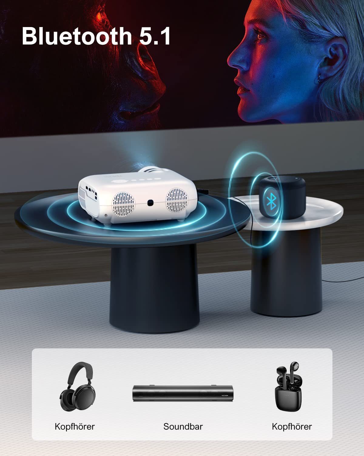 Ultimea Apollo P20 Full HD Native 1080P Beamer (10000 lm, 10000:1, 1920 x 1080 px, 4K Unterstützt Tragbarer Bluetooth Beamer für Heimkino)