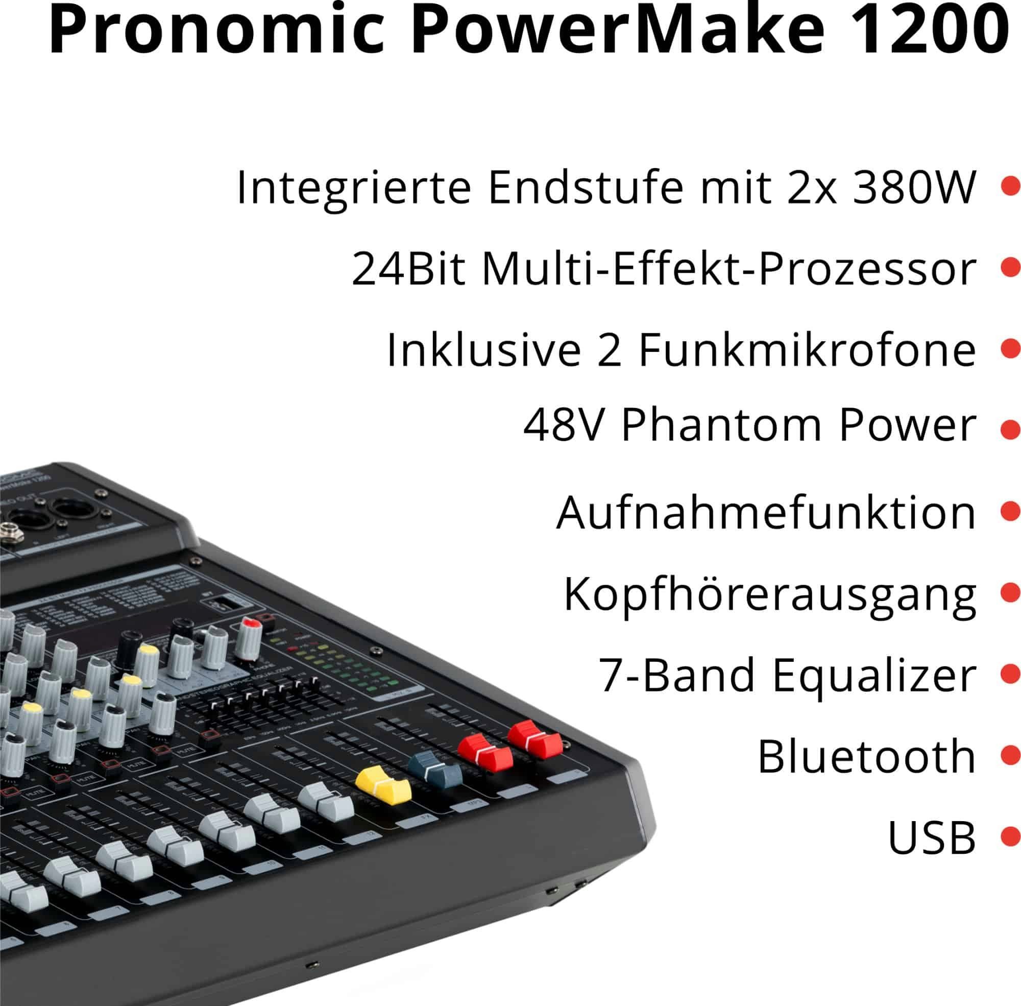 Pronomic Mischpult 12-Kanal-Powermischer 760 Watt RMS-Leistung, (inkl. 2 Funkmikrofone und im Mixer integrierter UHF-Empfänger), Bluetooth®/USB-Player/Recorder - Grafischer Equalizer