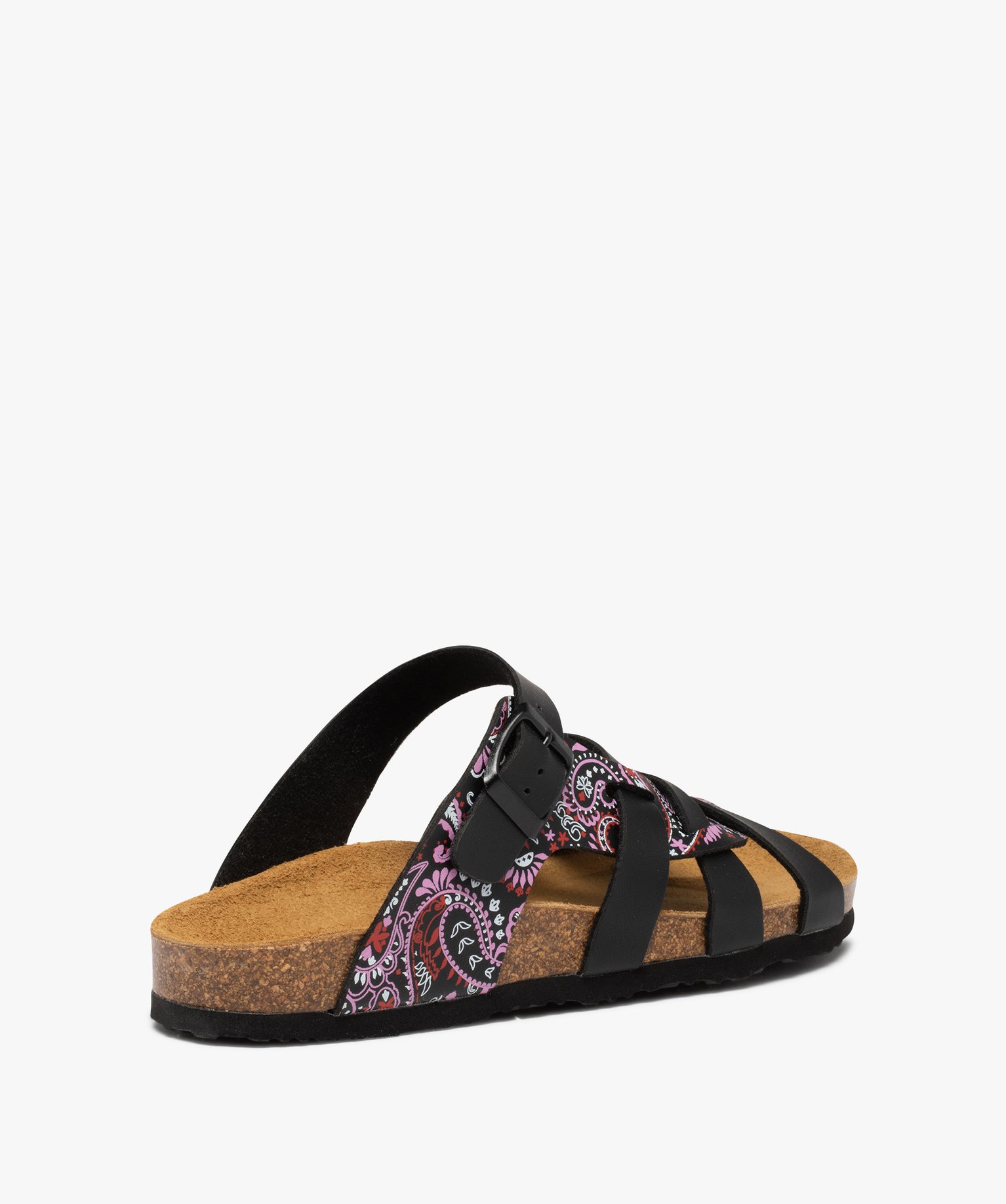 Mules femme plates à brides imprimées et semelle liège noir | GEMO