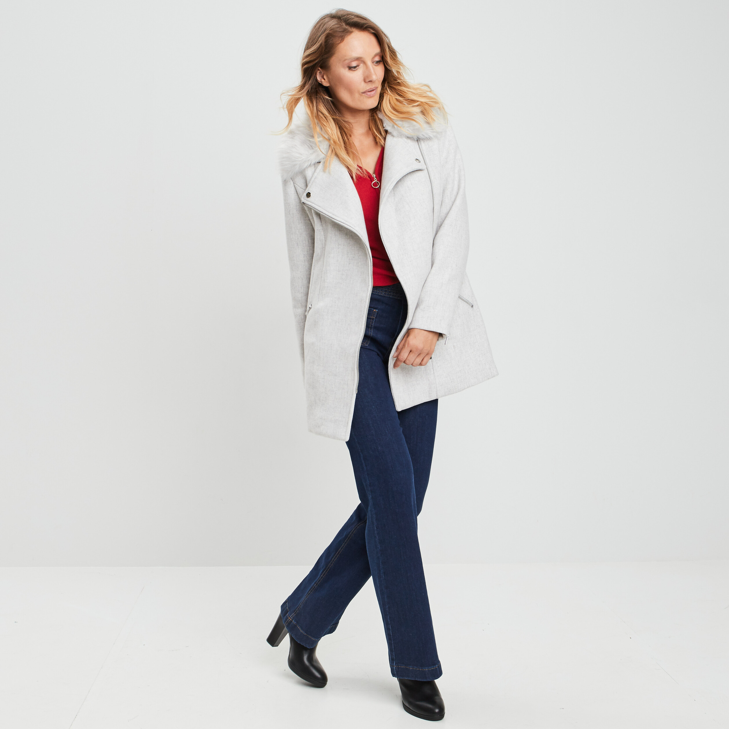 Manteau droit zippé gris femme | La Halle