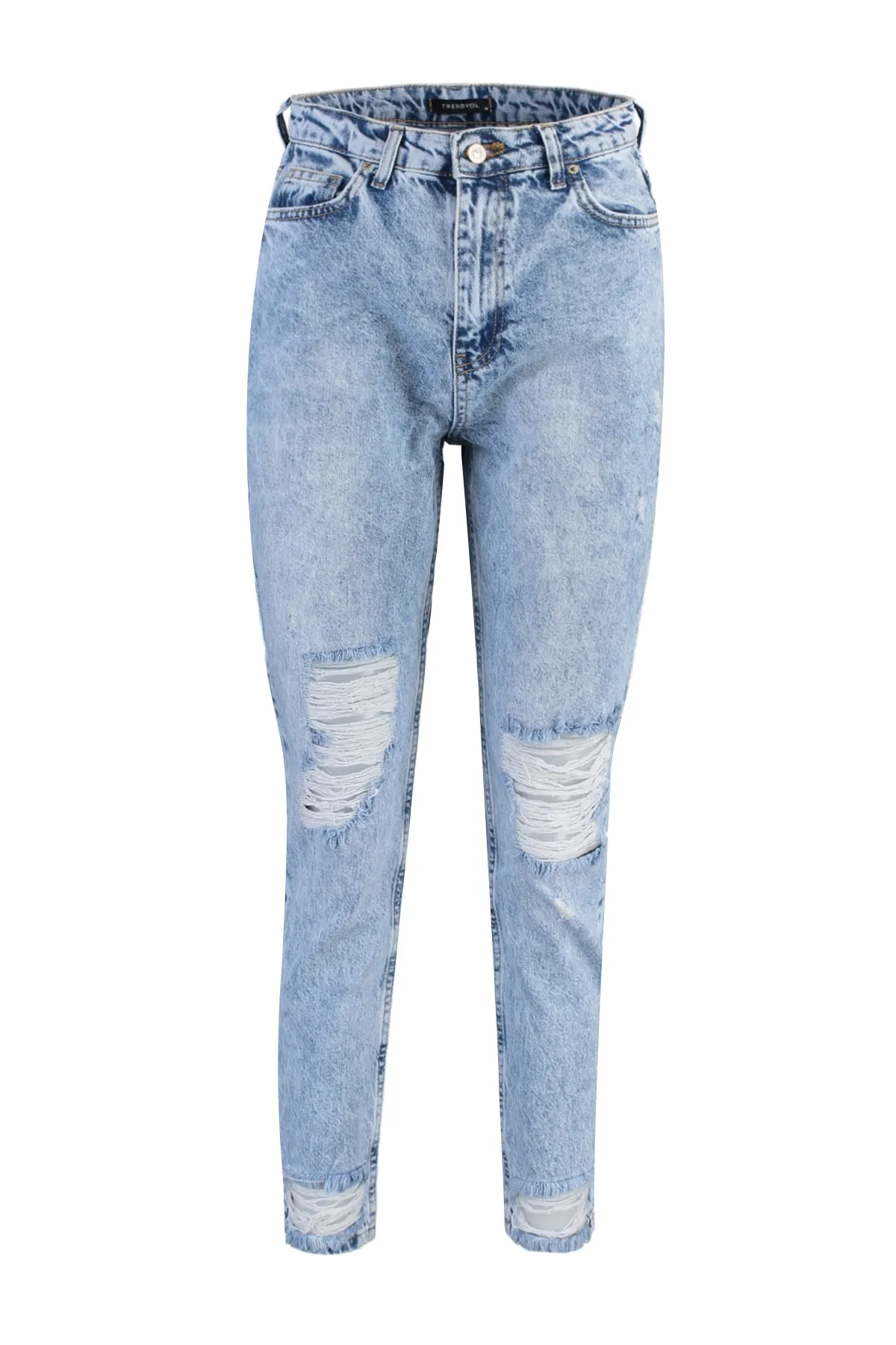 Trendyol Collection  Blaue Mom-Jeans mit zerrissenem Detail und hoher Taille TWOSS21JE0150