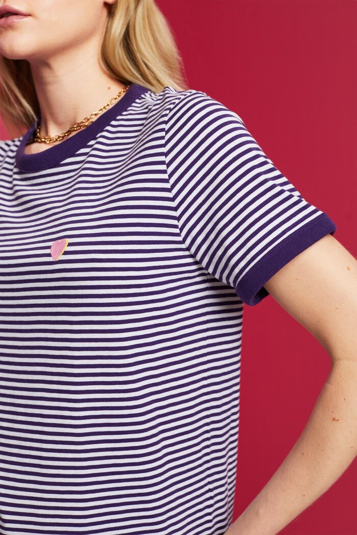 Gestreiftes Baumwoll-T-Shirt mit Stickmotiv