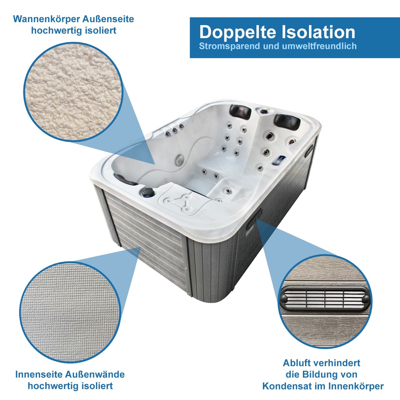 TroniTechnik Outdoor Whirlpool Spa TINO Weiß Silber Marmoriert 195cm x 127cm mit Heizung, Hydromassage, zwei Pumpen, isoliert