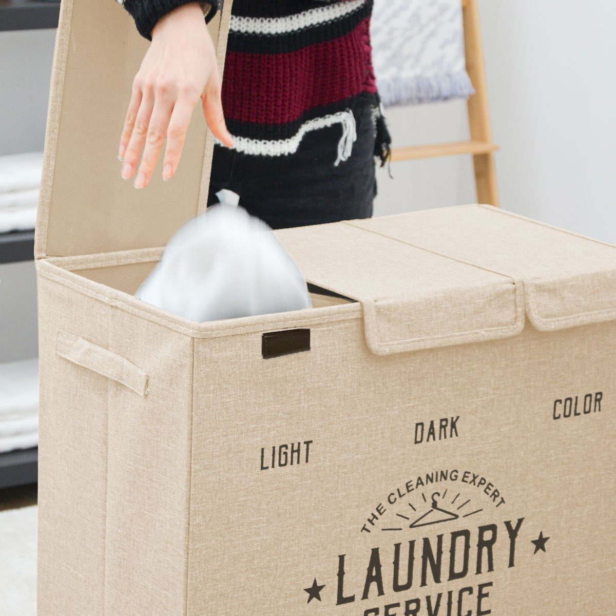 DuneDesign Wäschekorb Wäschekorb 3 Fächer 84L Wäschesammler Beige+Deckel, Faltbar - 60x30x50 Wäschebox