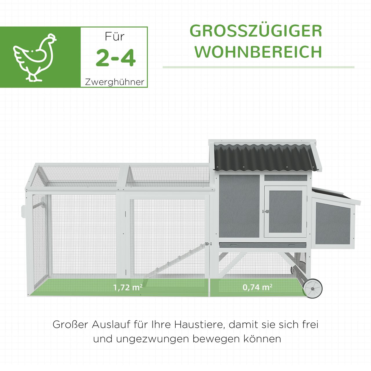 PawHut Hühnerstall Hühnerhaus mit Nistkasten Hühnervoliere mit Rädern und Griff Gehege Geflügelstall winterfest Tannenholz PVC Grau Weiß 247 x 90 x 114 cm