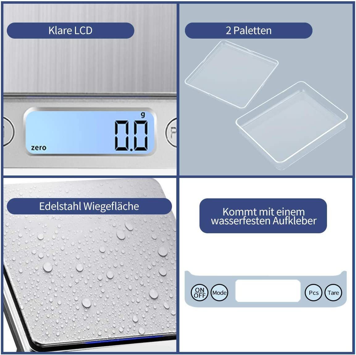 Blusmart Küchenwaage Feinwaage, (Professionelle Präzisionswaage/Feinwaage/Goldwaage/Taschenwaage, Mit Tara-Funktion, sehr genau), Digitale hochpräzise elektronische Küchenwaage mit LCD-Display