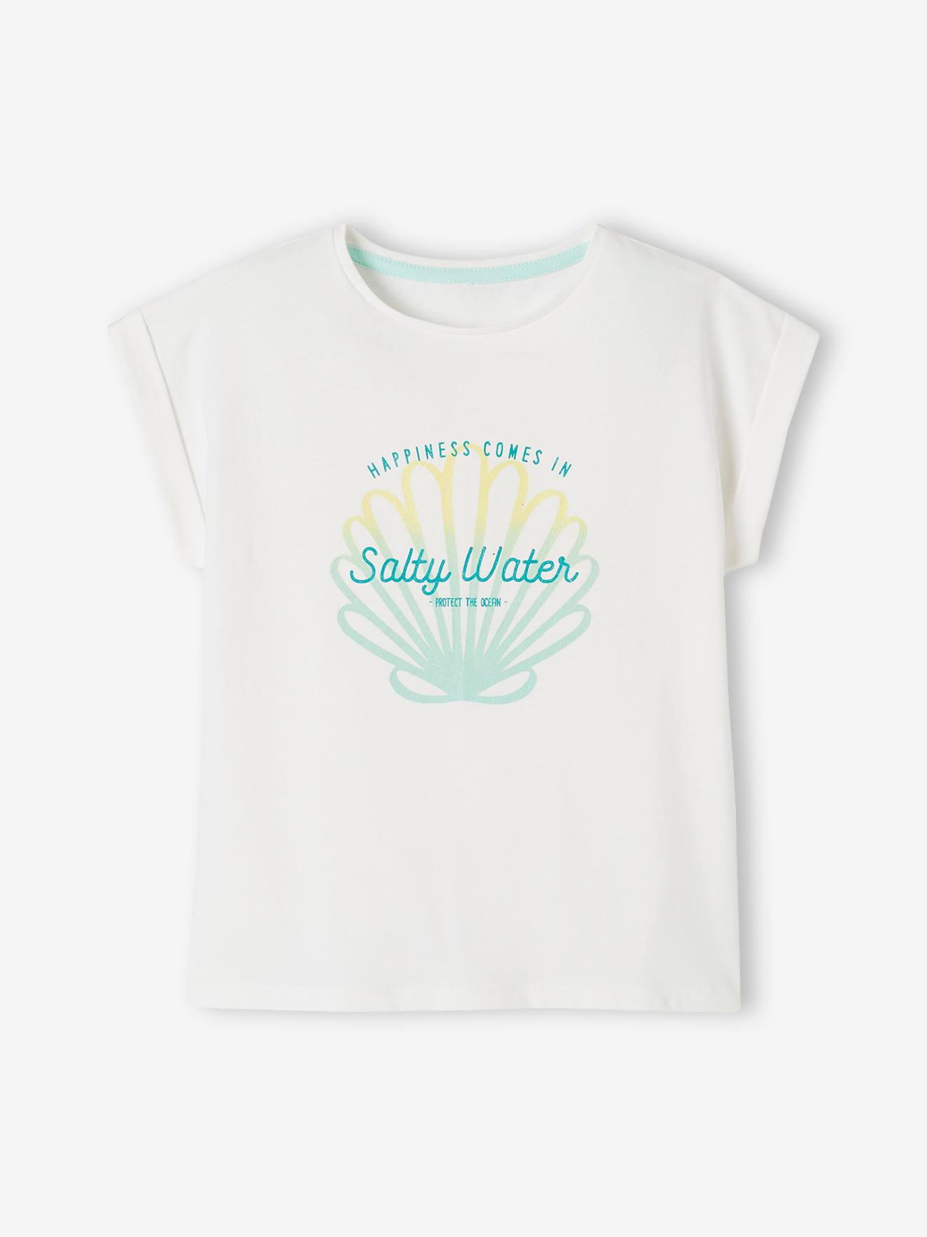 Tee-shirt motif coquillage irisé fille. blanc