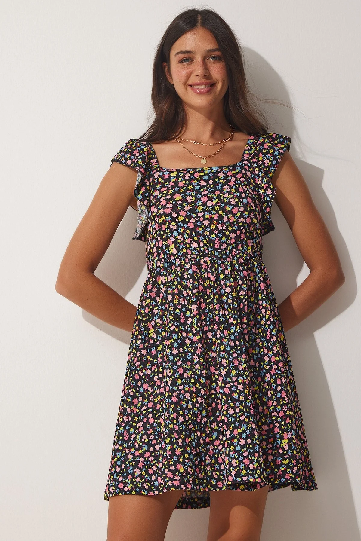 Happiness İstanbul  Damen-Sommerkleid aus Viskose mit Blumenmuster in Schwarz und Rosa FF00131