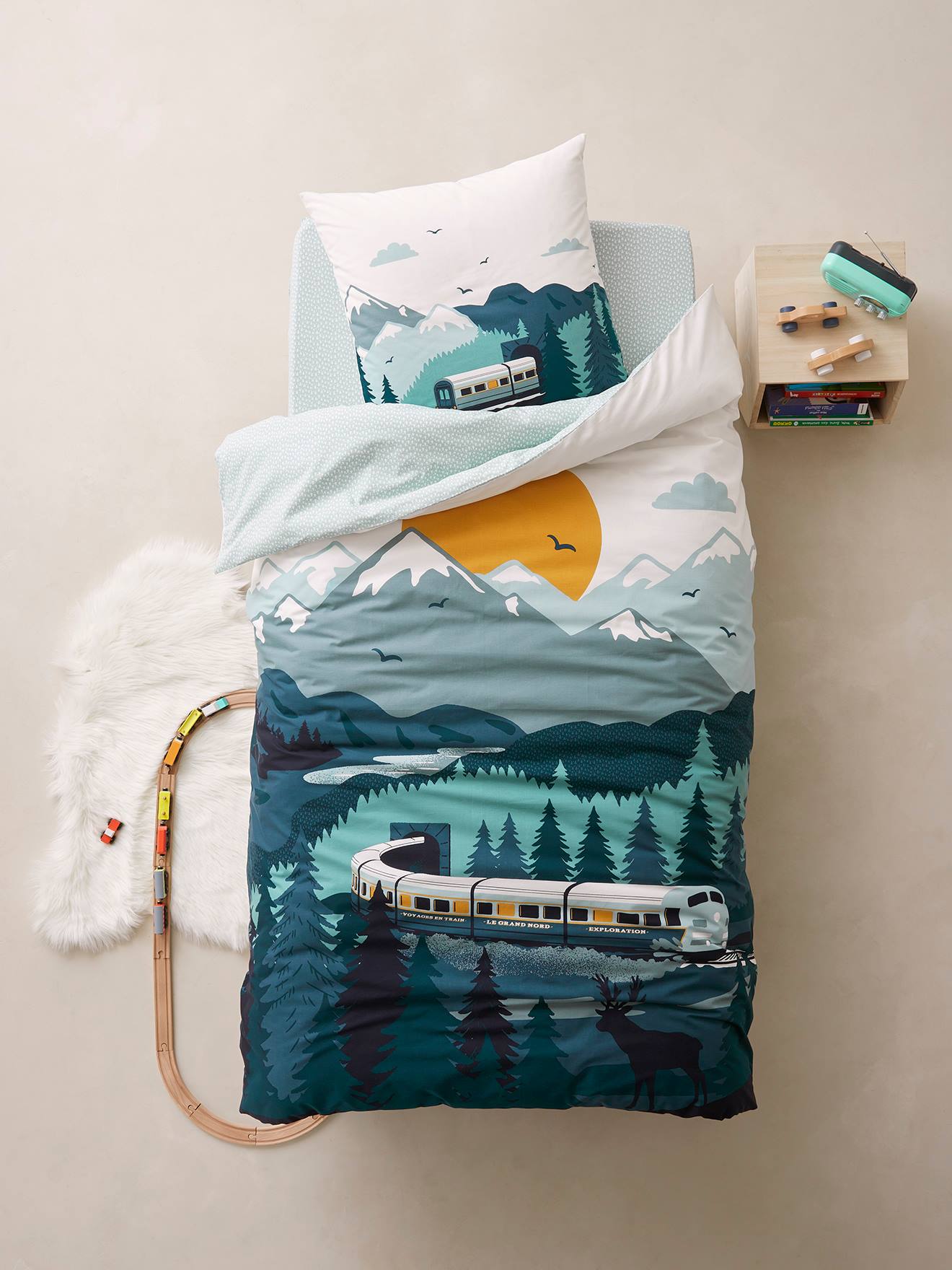 Parure housse de couette + taie d'oreiller enfant SUR LES RAILS vert