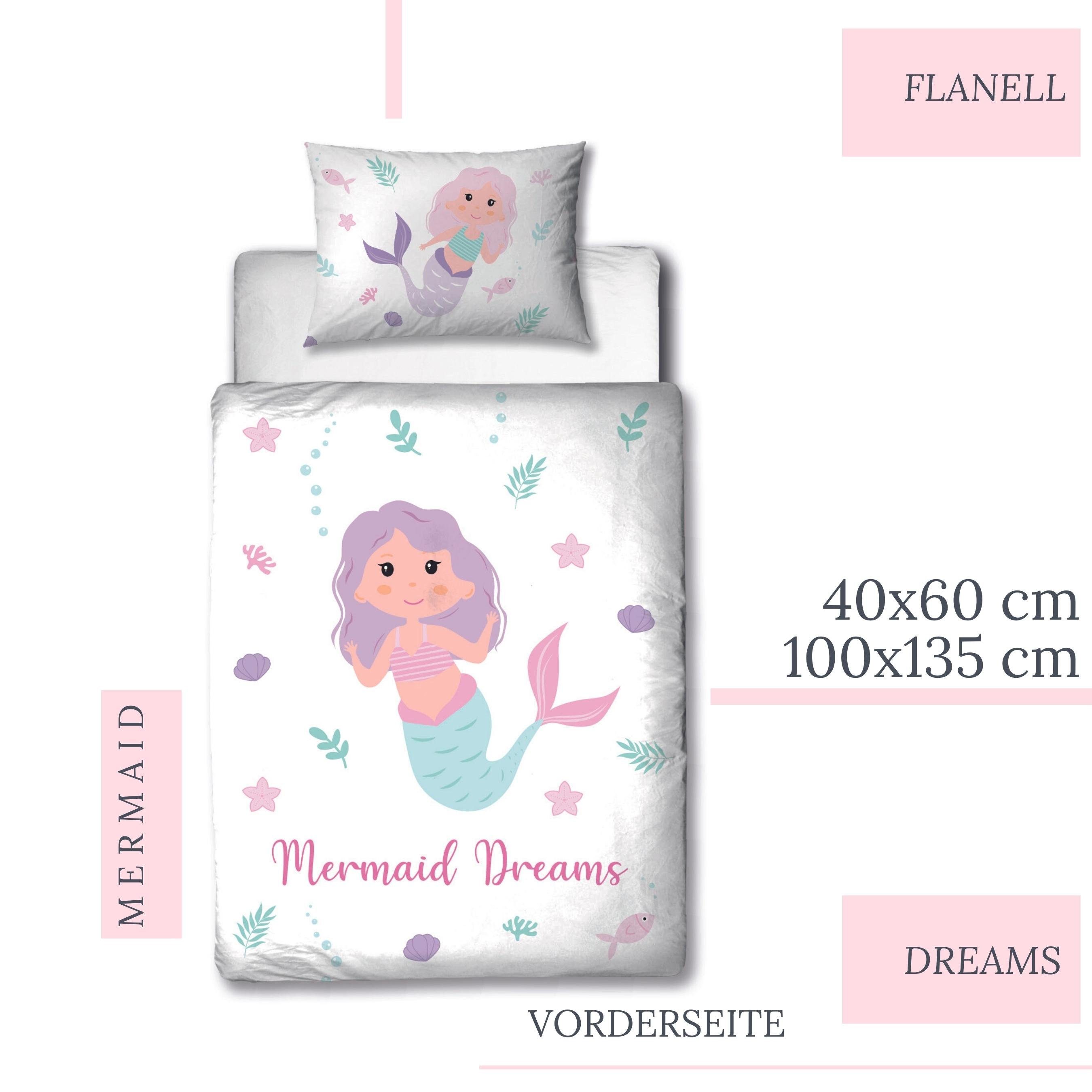 Kinderbettwäsche Meerjungfrau 100x135 + 40x60 cm, 100 % Baumwolle, MTOnlinehandel, Biber, 2 teilig, Mermaid Dreams Babybettwäsche