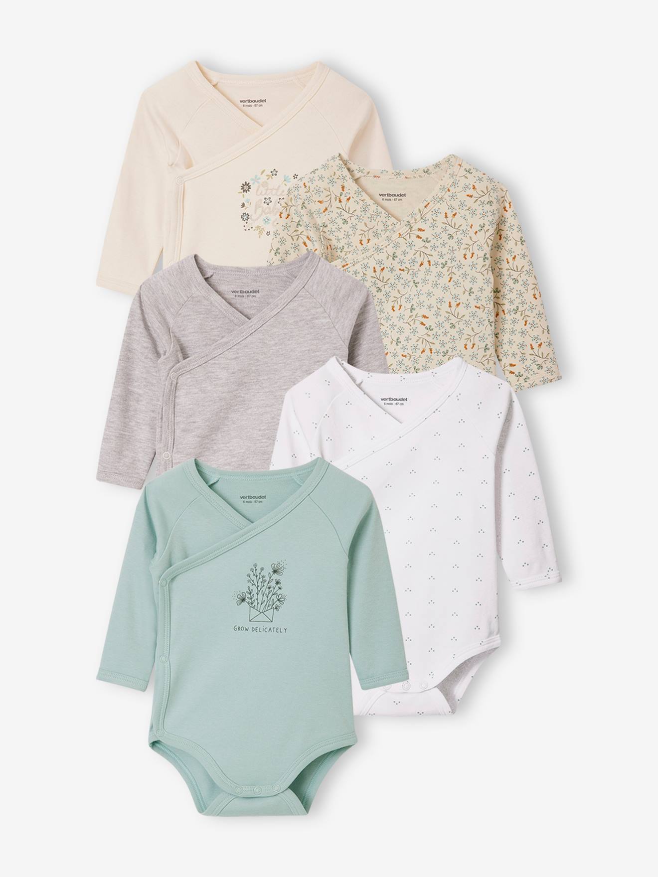 Lot de 5 bodies bébé manches longues ouverture naissance écru