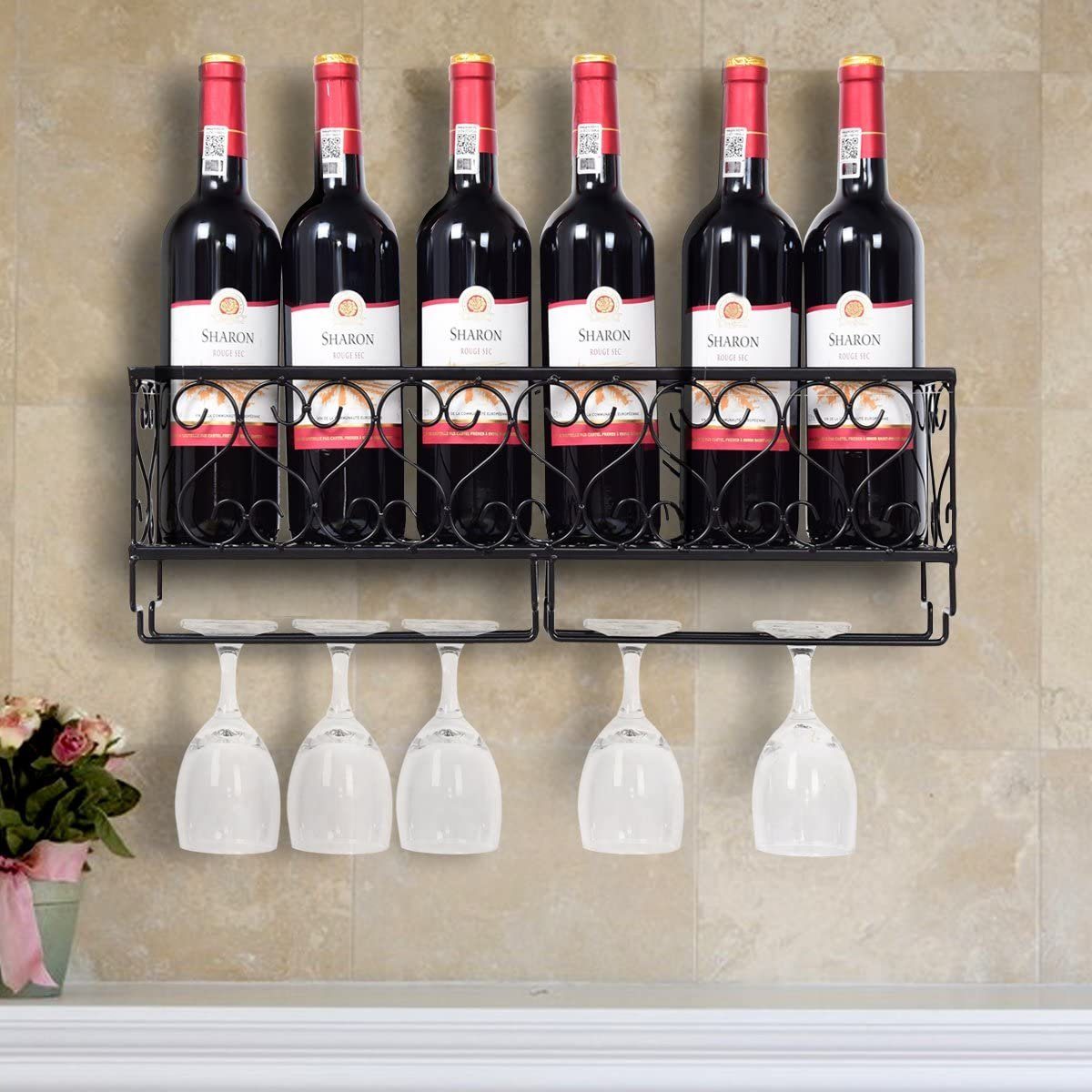 COSTWAY Weinregal, Wand, Metall, für Flaschen&Gläser, Wandregal 50x10x17cm