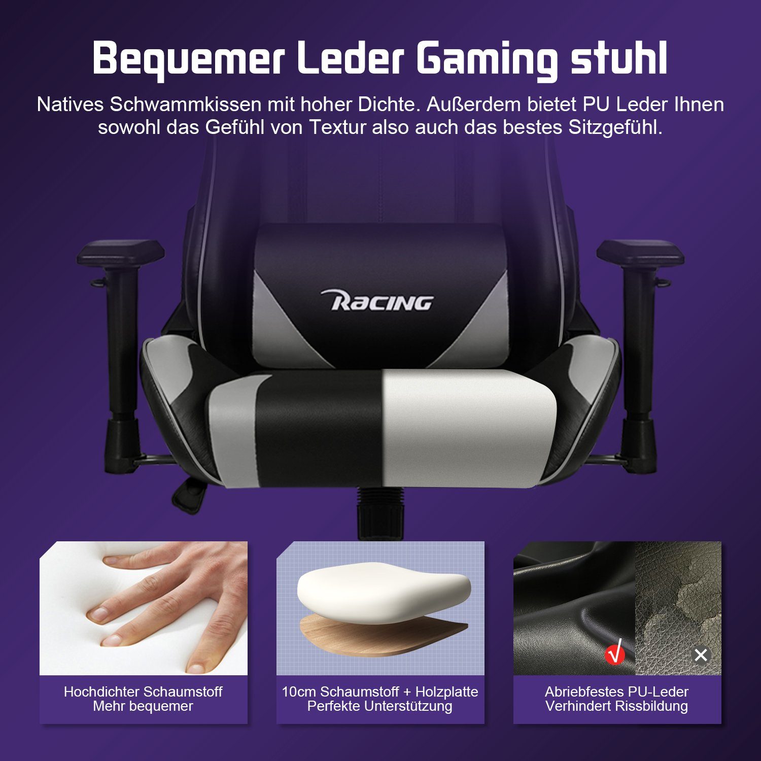 Daynee Gaming-Stuhl Gaming Stuhl,Bürostuhl Ergonomisch mit verstellbare Lendenkissen (Kopfkissen und Armlehnen,Gaming Chair Gepolstert), Gamer Stuhl Wippfunktion, Gaming Stuhl 150 kg Belastbarkeit