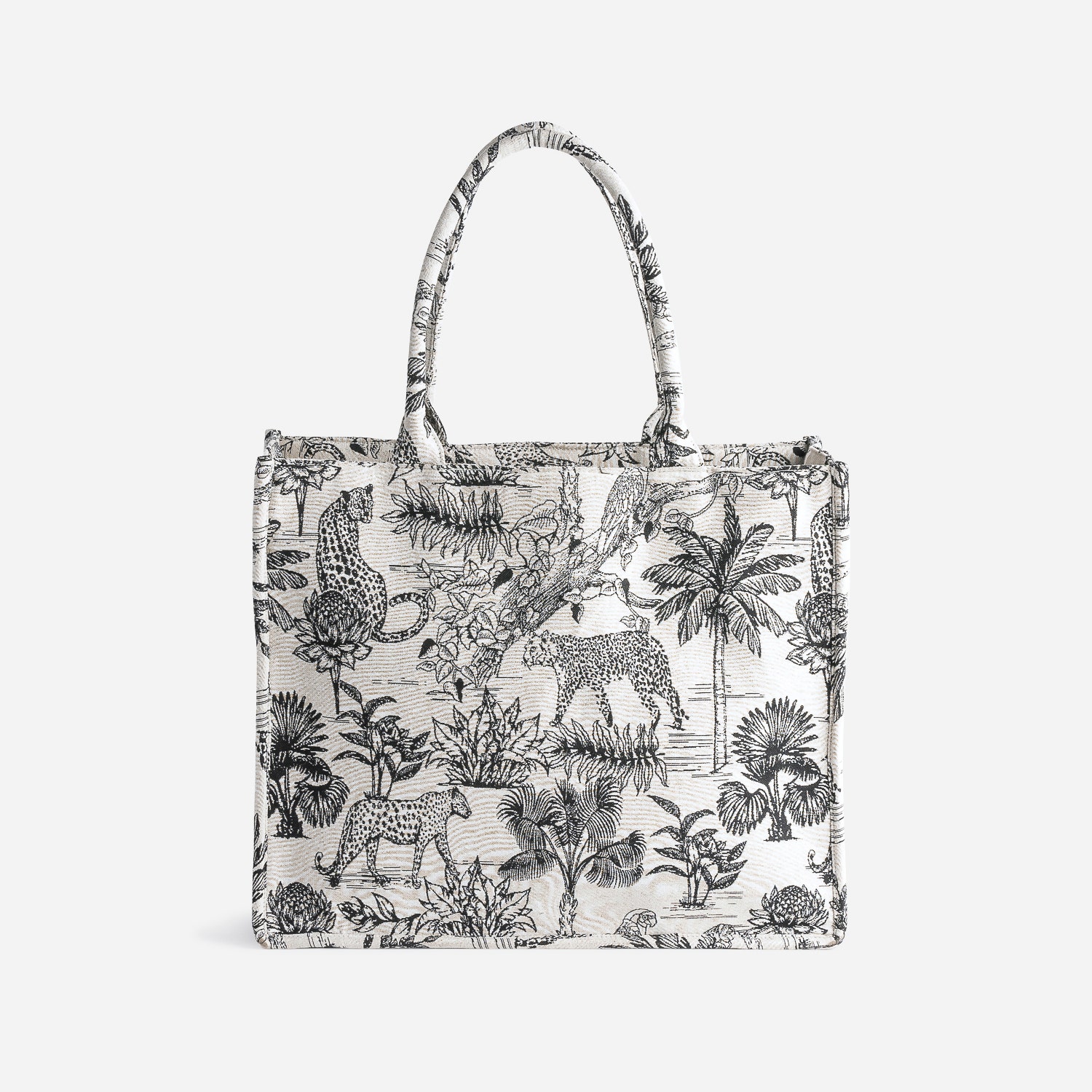 Sac cabas noir jacquard motif jungle
