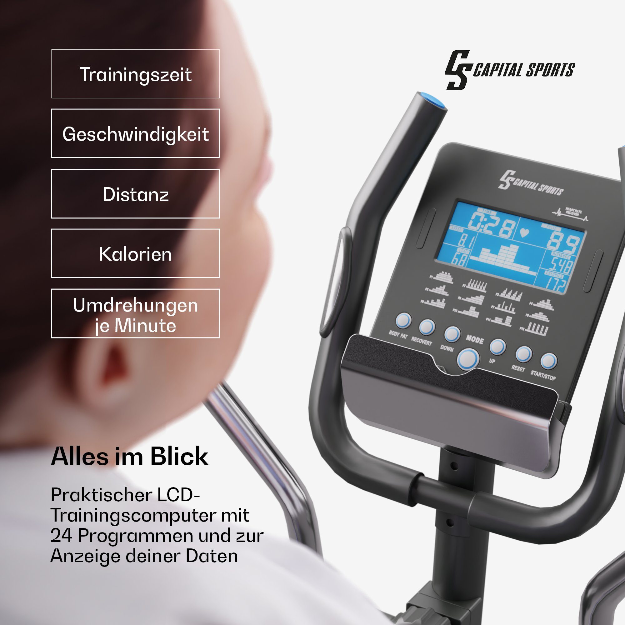 Capital Sports Crosstrainer Helios Crosstrainer Heimtrainer (Trainingscomputer mit 24 Programmen), Standfahrrad Hometrainer Cardio Trainingsgerät Ausdauertraining Fitnes