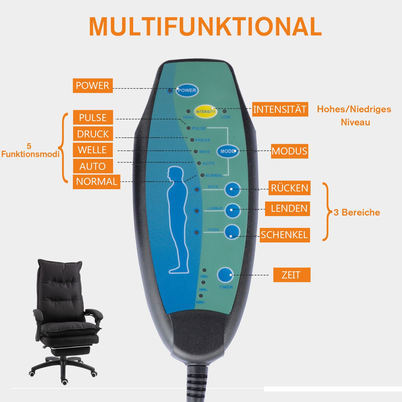 Vinsetto Bürostuhl massage, Chefsessel mit Massagefunktion, Gaming Stuhl, höhenverstellbarer, ergonomischer Drehstuhl, Massage Sessel, Nylon, Schwarz, 70 x 62 x 120-130 cm