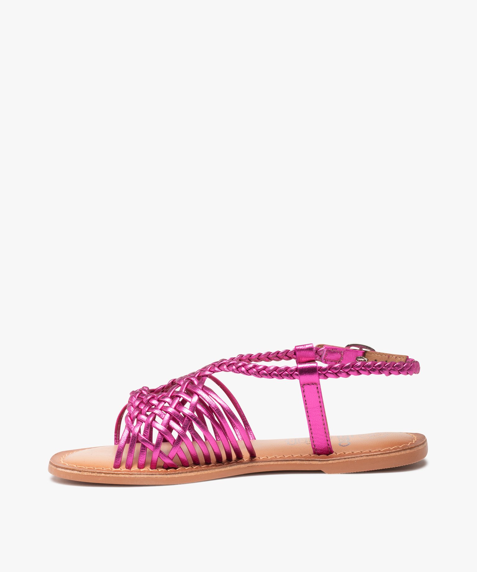Sandales fille à fines brides tressées en cuir métallisé rose | GEMO