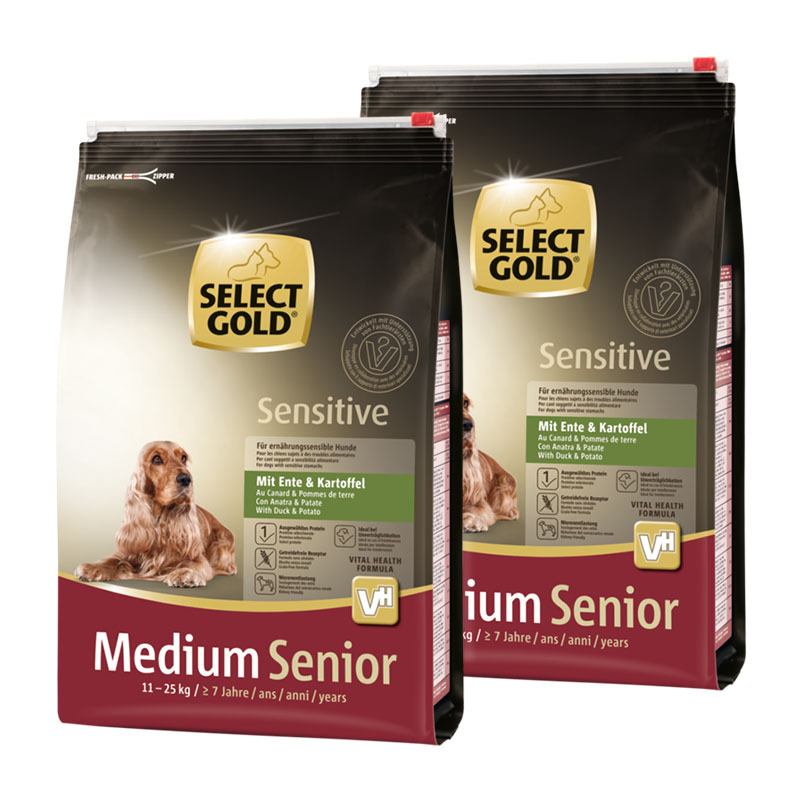 SELECT GOLD Hundetrockenfutter SELECT GOLD Sensitive Senior Medium Ente & Kartoffel 2x4 kg
