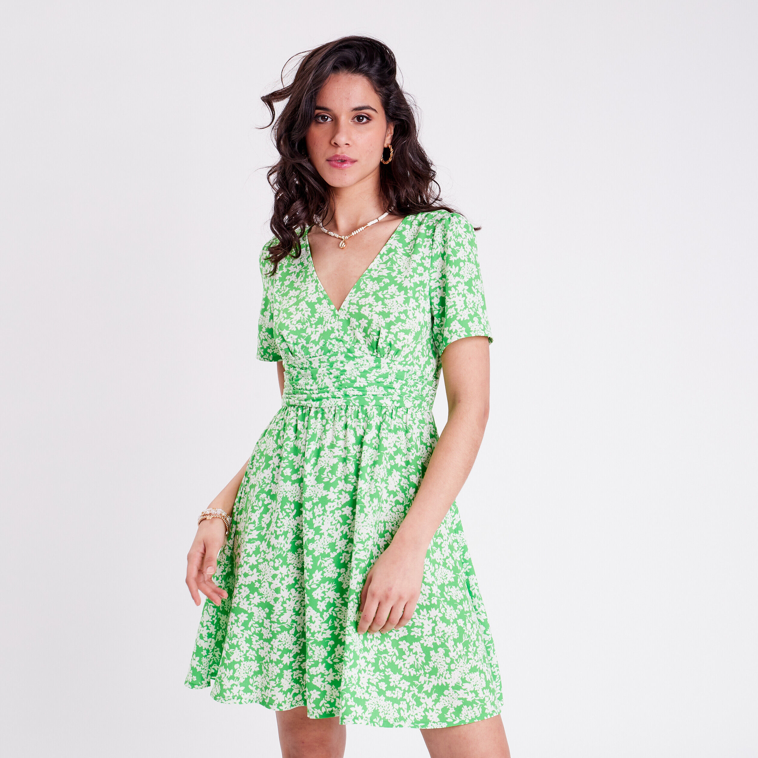 Robe évasée manches courtes vert clair femme | Cache Cache