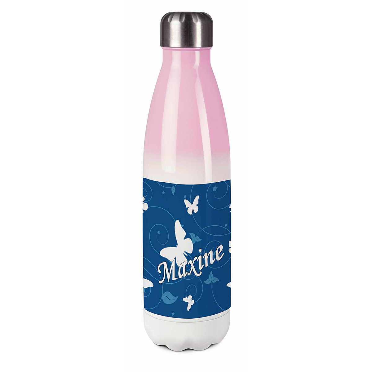 Edelstahl Kinder Thermoflasche / Trinkflasche bunt Schmetterling Ornamente Farbe blau Spülmaschinenfest, Auslaufsicher, Bruchfest, Doppelwandig, Für Heißgetränke geeignet, Mit Deckel, Isoliert