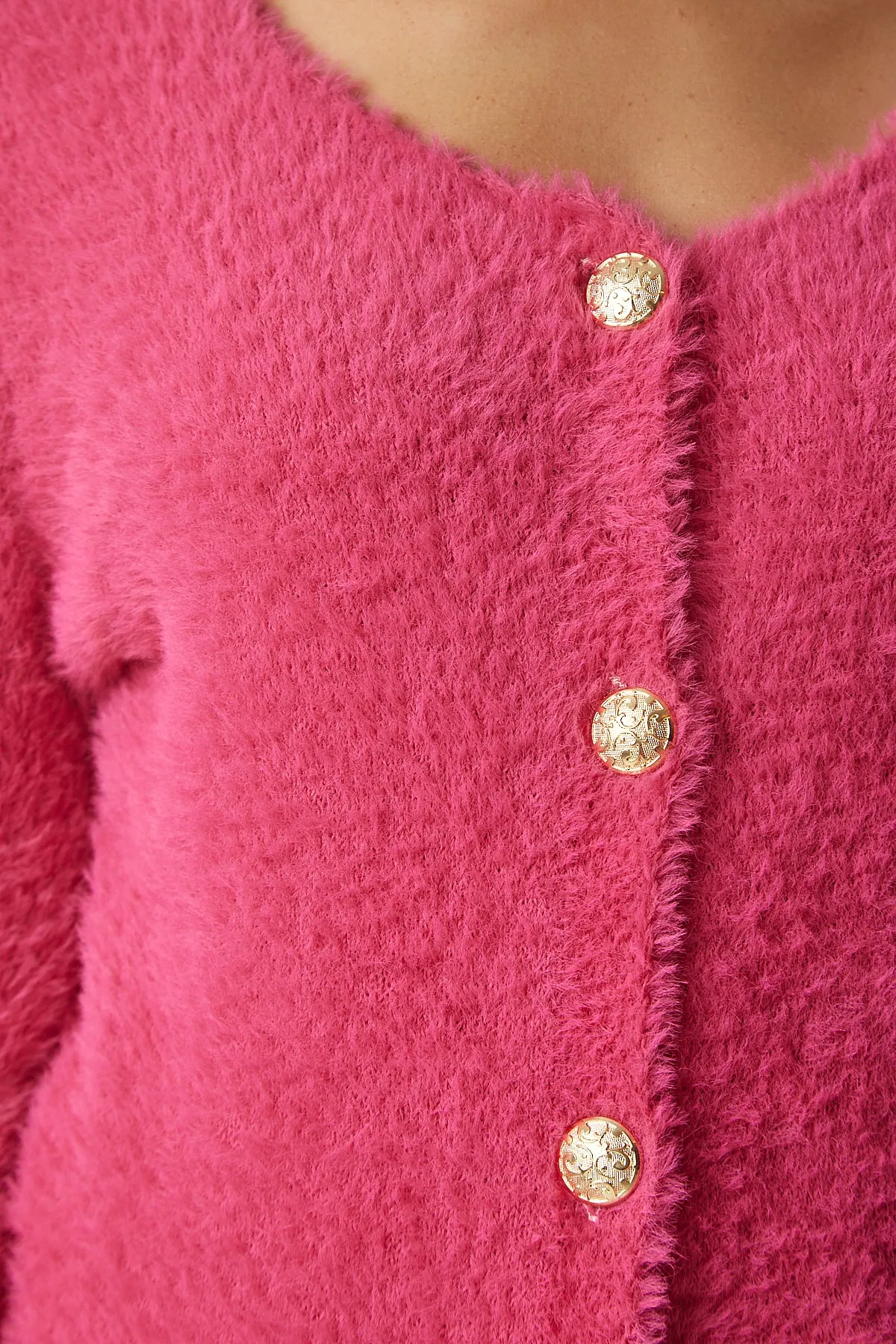 Happiness İstanbul  Rosafarbene, weiche Strickjacke mit Bärtchen für Damen NF00067