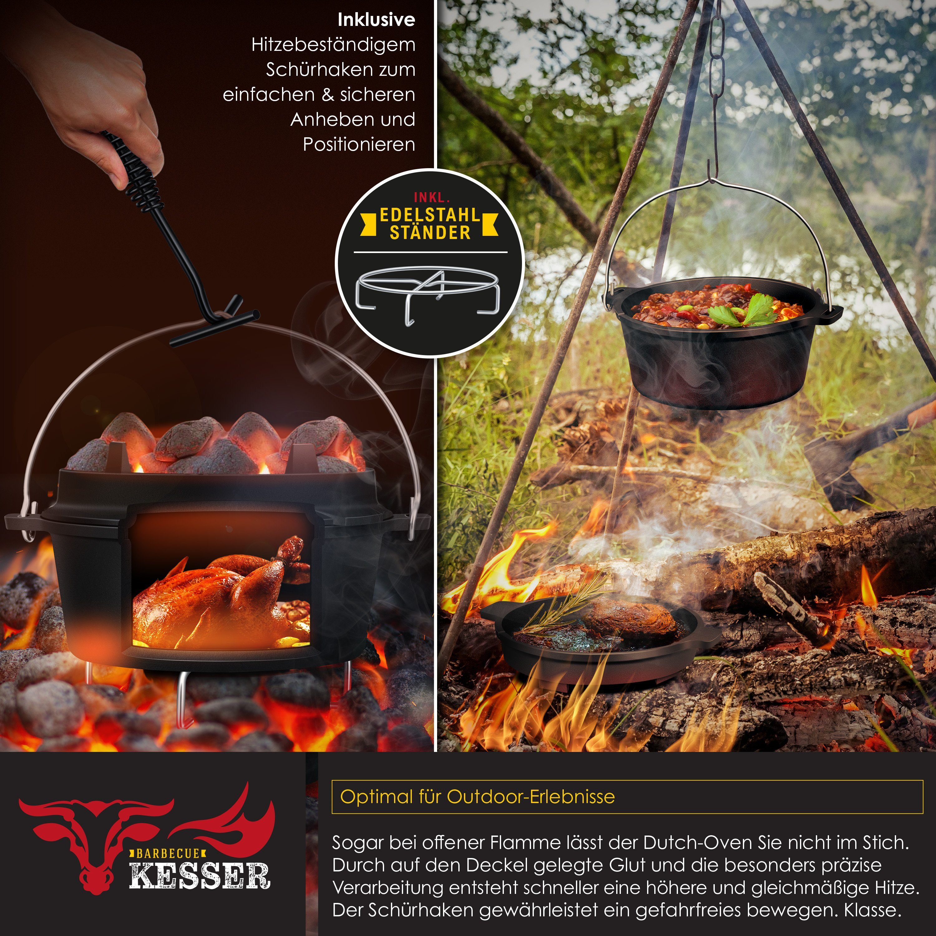 KESSER Feuertopf, Gußeisen, Dutch Oven Set BBQ Feuertopf Schmortopf, Gusseisen Topf