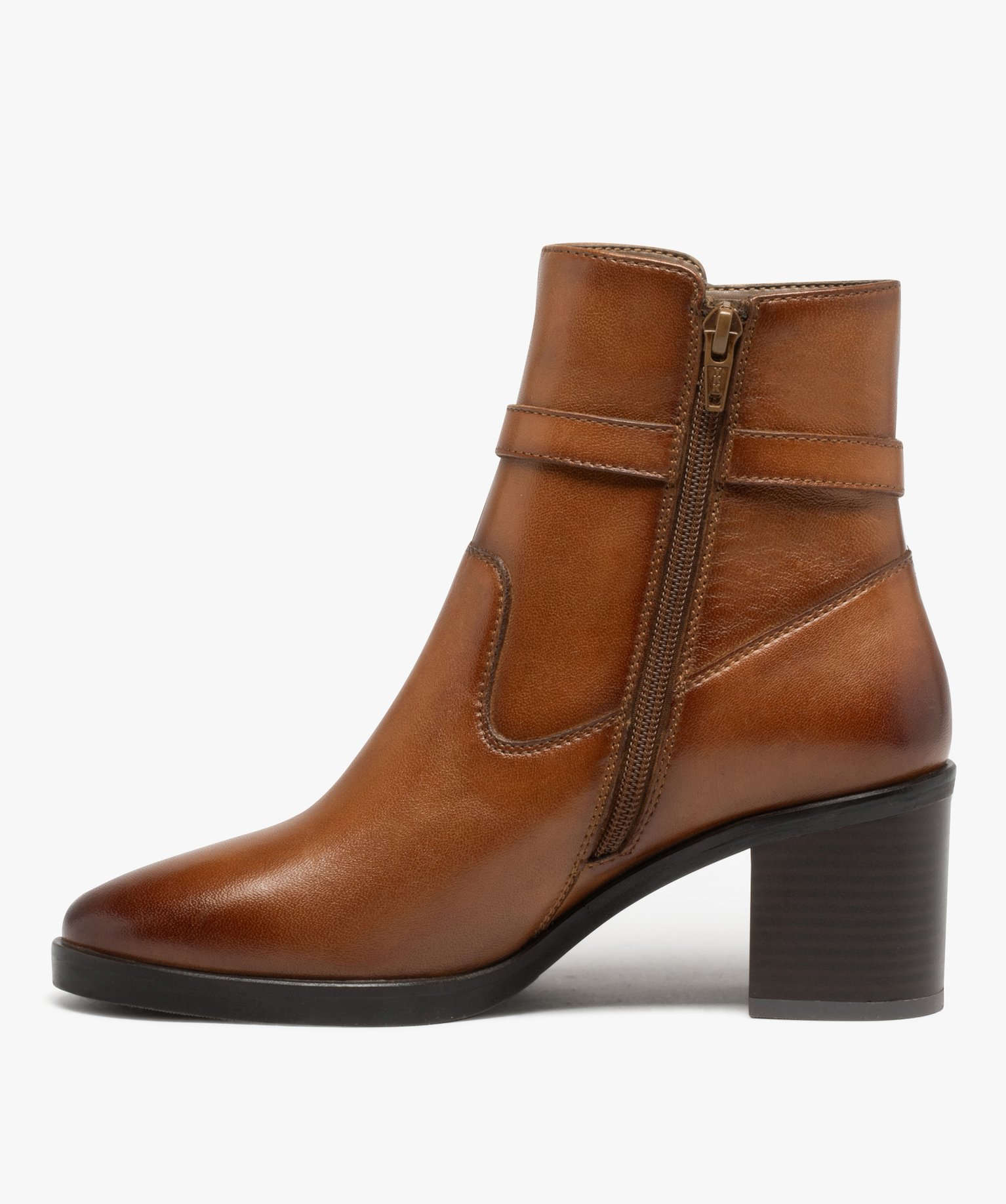 Boots femme en cuir uni à talon carré et bride à boucle -... camel | GEMO