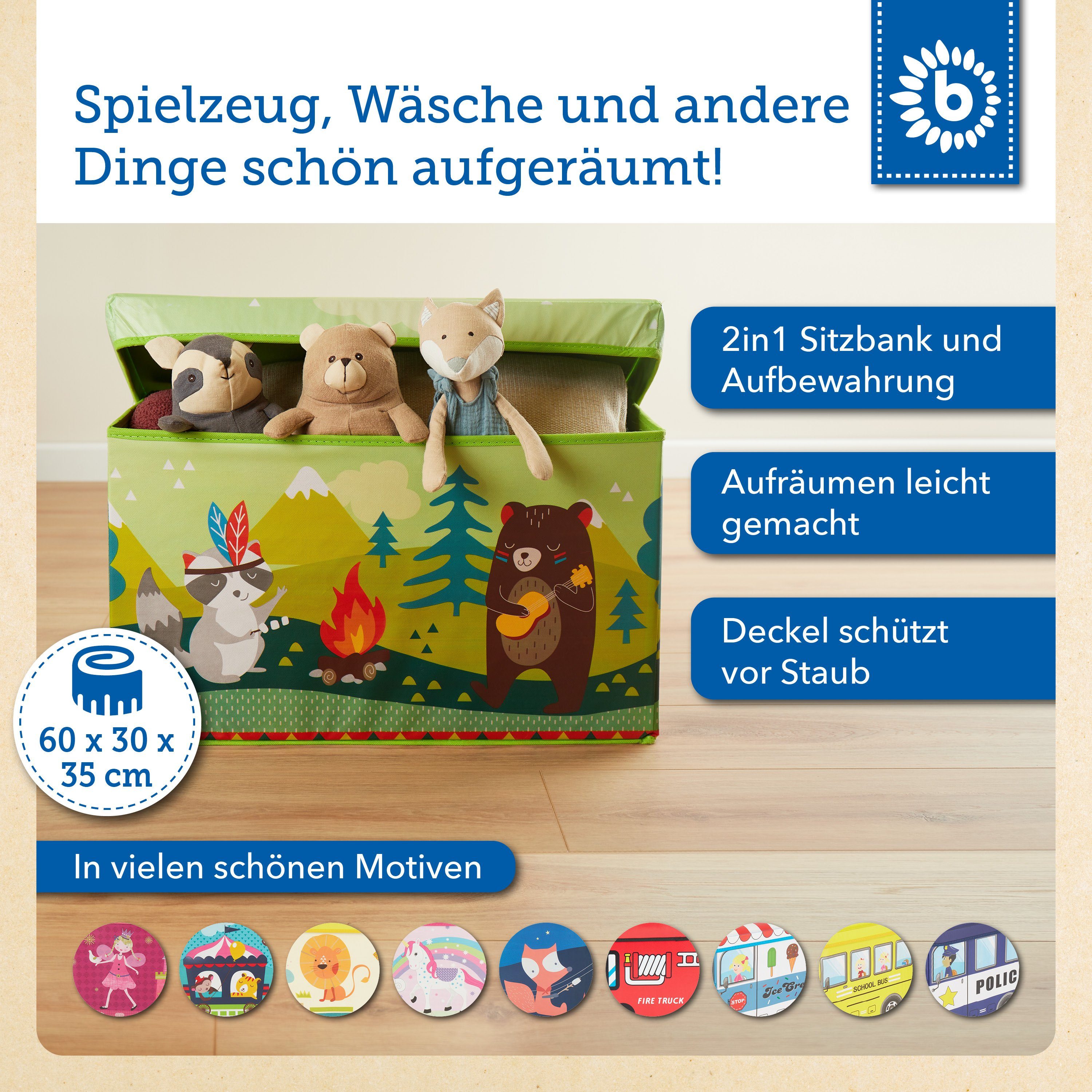 BIECO Spielzeugtruhe Bieco Aufbewahrungsbox mit Deckel 60L, faltbar ca. 60x30x35cm Spielzeugkiste mit Deckel Aufbewahrungsbox Kinder Kisten mit Deckel Aufbewahrungsbox Groß Wickeltisch Organizer Waldtiere