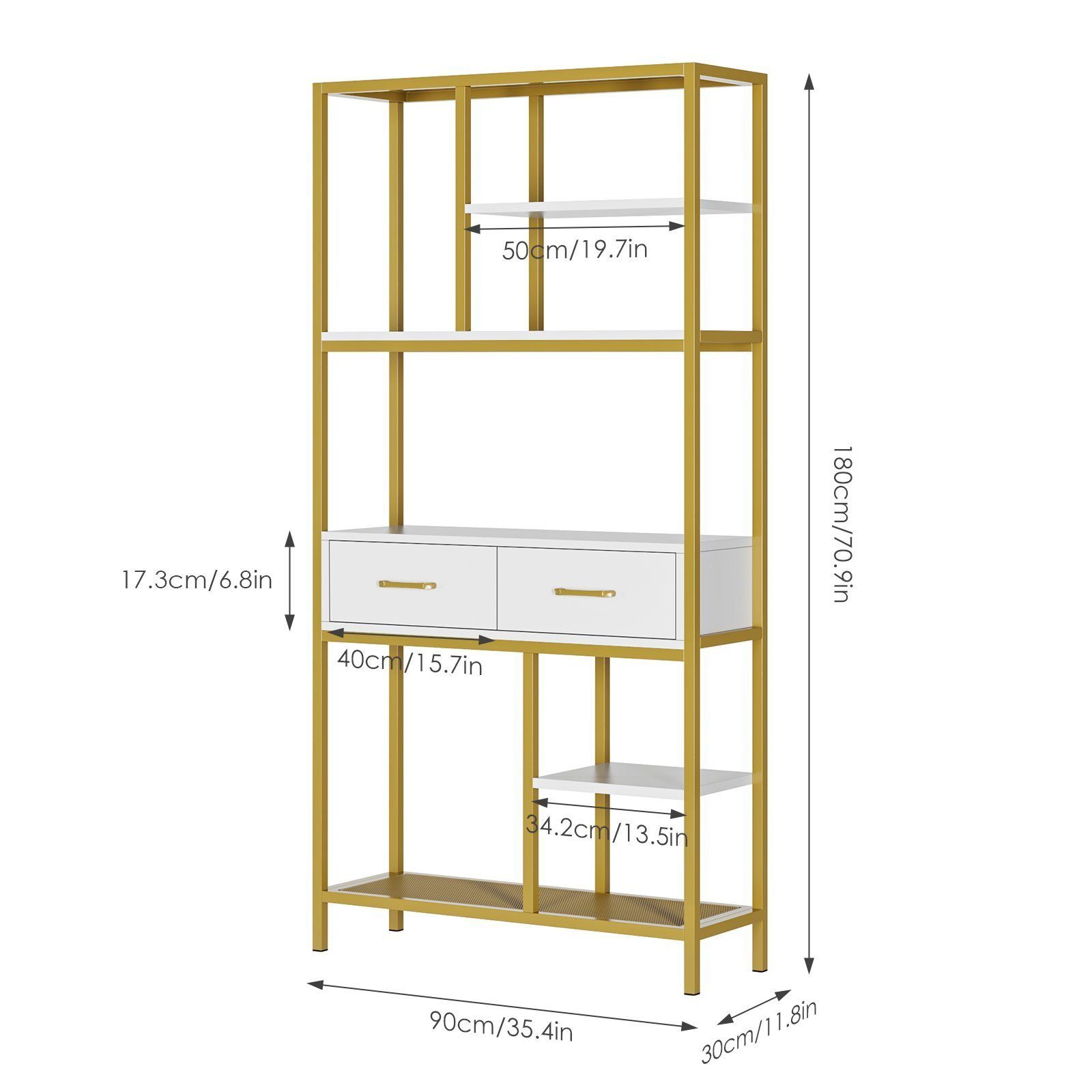 HOMECHO Bücherregal, Standregal mit Schubladen und Ablagen stabil 90x30x180cm