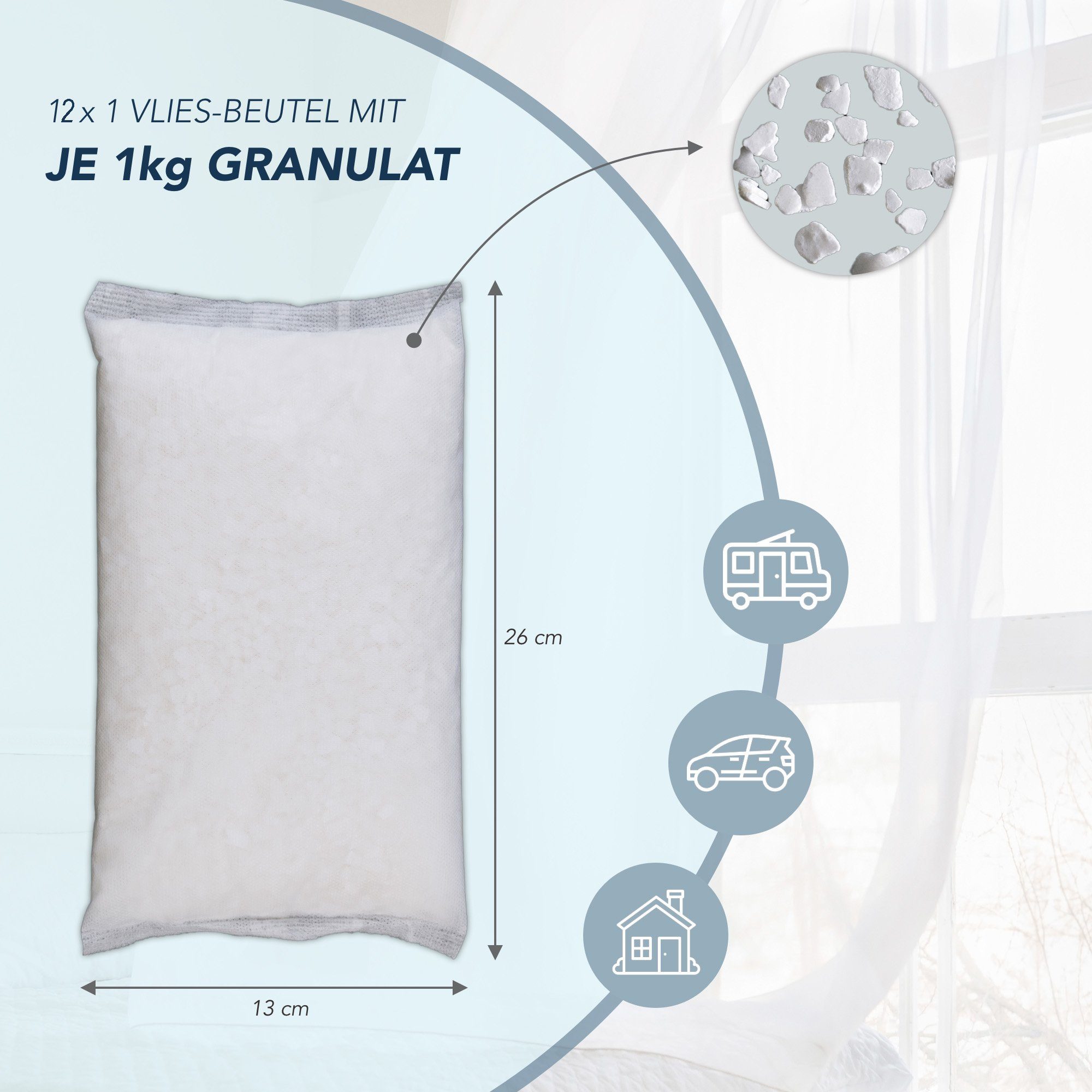 BlueCraft Luftentfeuchter Nachfüllpack Schlafzimmer Wohnung Nachfüller gegen Schimmel, 12 x 1 kg Raum Entfeuchter Granulat im Vliesbeutel, ohne Strom