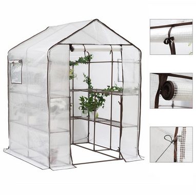 Sekey Gewächshaus Begehbares Foliengewächshaus mit 10 Regalebenen, Treibhaus für Garten, 143 x 143 x 195 cm Tomatenhaus Winterfest Gewächshaus mit Tür, Fenster
