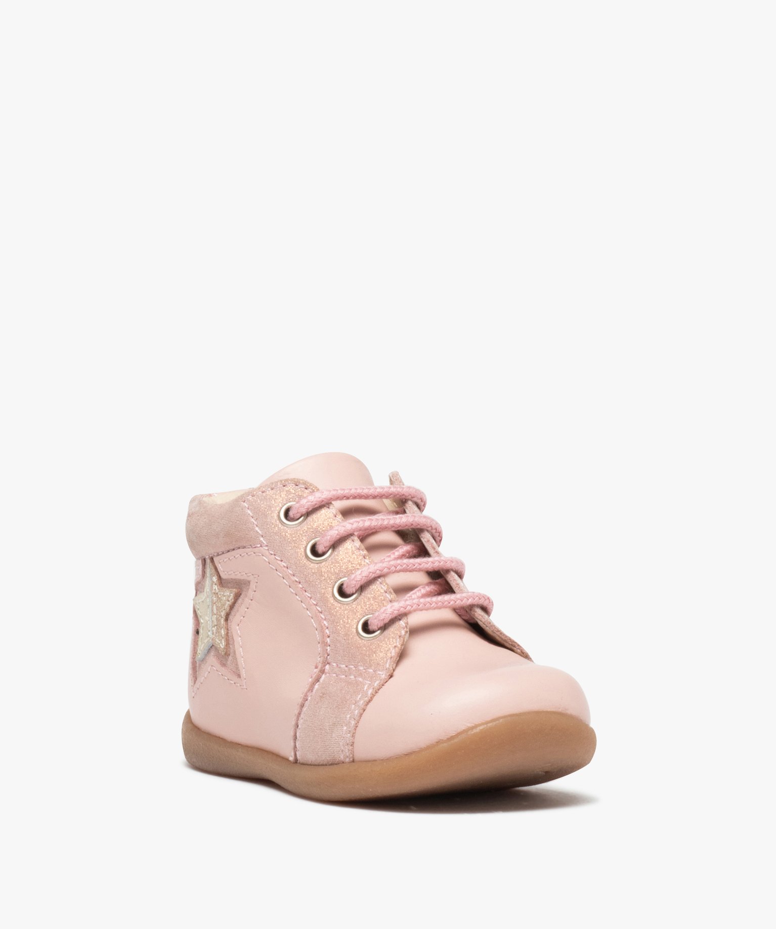 Bottillons bébé filles unis en cuir à lacets rose | GEMO
