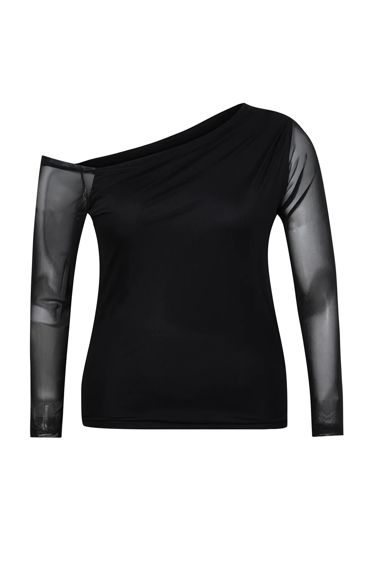 Trendyol Curve  Schwarze, mit Tüll gefütterte Strickbluse mit asymmetrischem Kragen TBSSS24AF00025