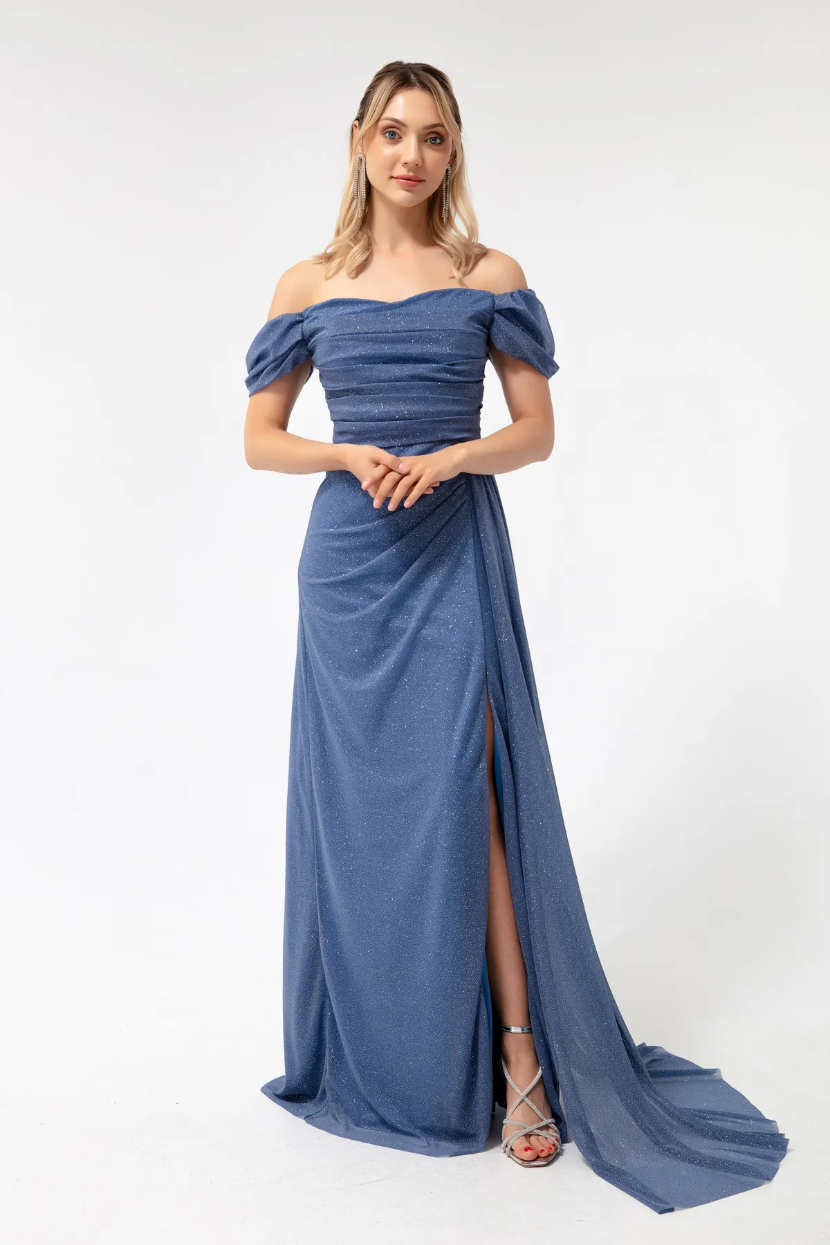 Lafaba  Damen-Abendkleid in Indigo mit U-Boot-Ausschnitt, drapiertem Schlitz, langes, silbernes Abendkleid