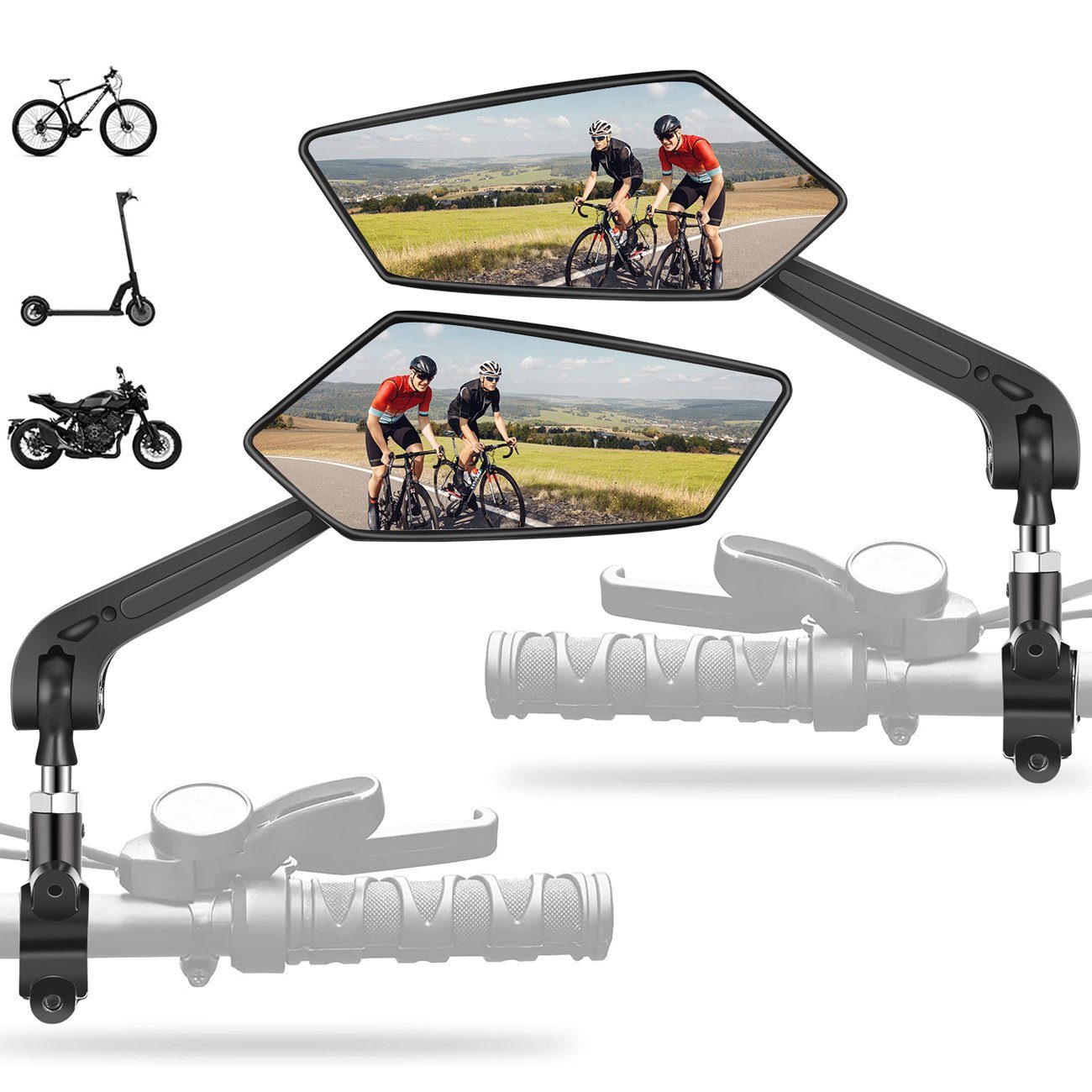 LETGOSPT Fahrradreflektor Fahrradspiegel (rechts+links) mit extra großer Spiegelfläche, (360° verstellbarer Fahrrad Spiegel, für E-Bike & E-Scooter Lenker, schlagfestes Echtglas), schlagfestes Echtglas, 360° verstellbarer Fahrrad Spiegel