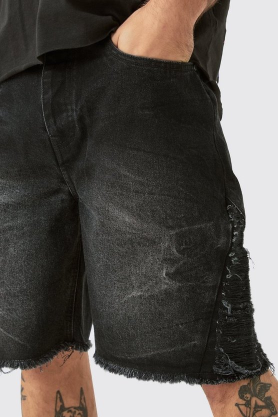 Lockere Jeansshorts mit extremen Rissen in verwaschenem Schwarz