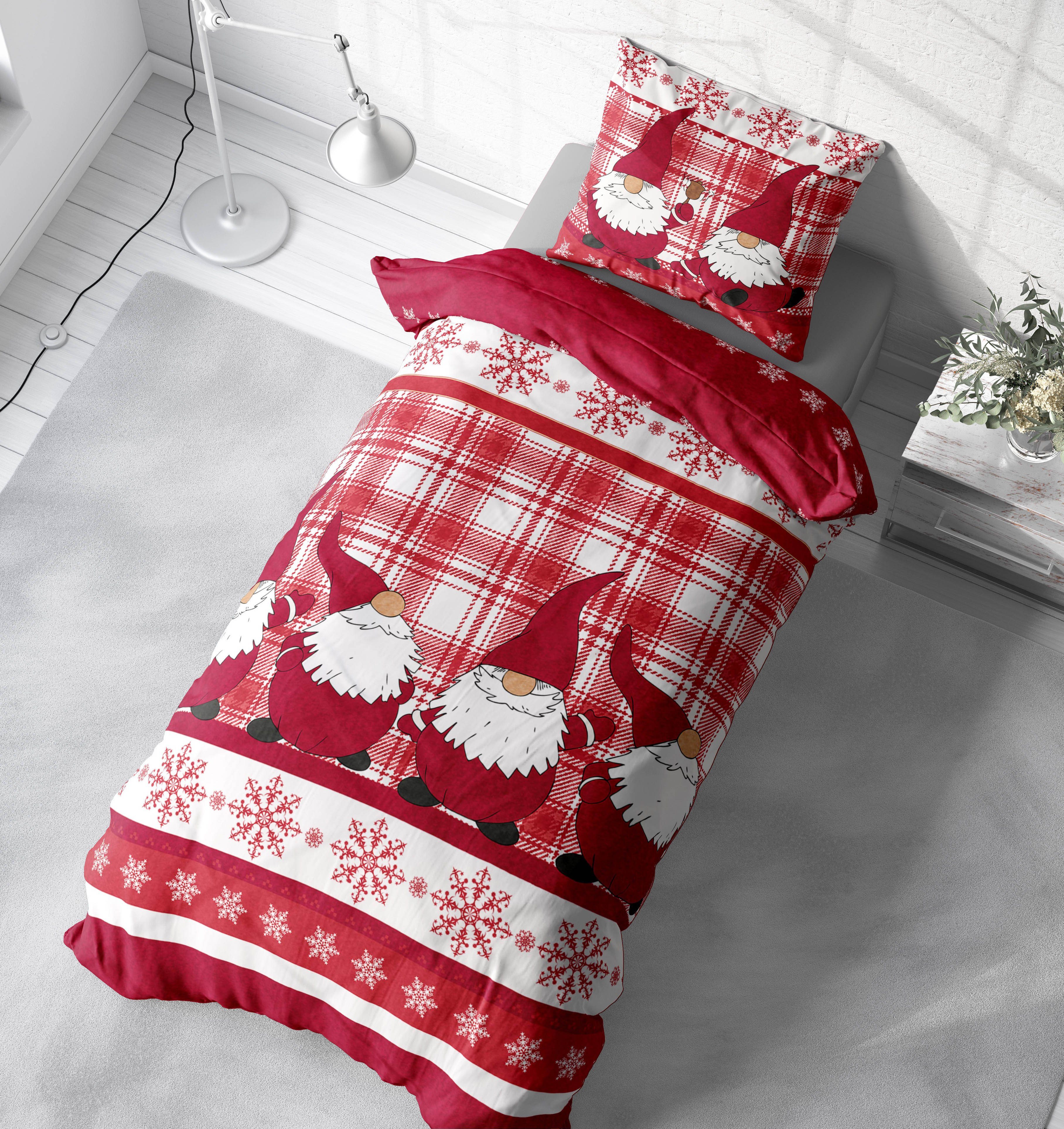Bettwäsche Wichtel Weihnachten, One Home, Fleece, 2 teilig, Christmas kariert, kuschelig flauschig warm weich Winter Übergröße