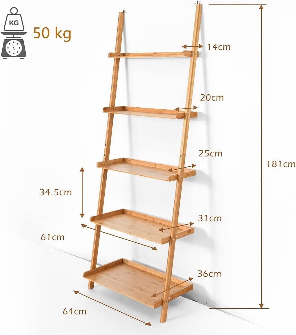 KOMFOTTEU Leiterregal Standregal, mit 5 Offenen Regalen, aus Bambus