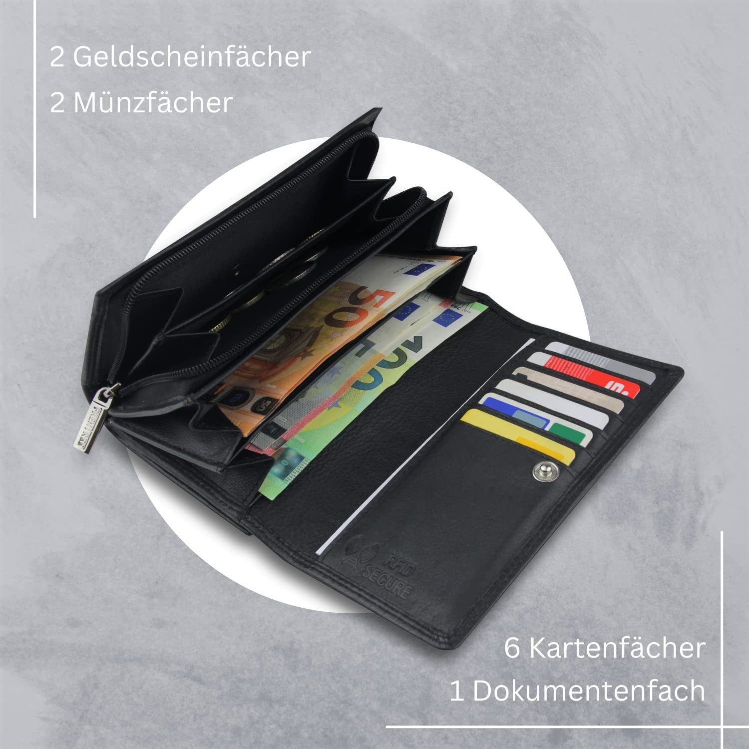 Frentree Geldbörse Damen Portemonnaie aus echtem Nappaleder mit vielen Fächern und, und RFID-Schutz, großes Echt Leder Portemonnaie