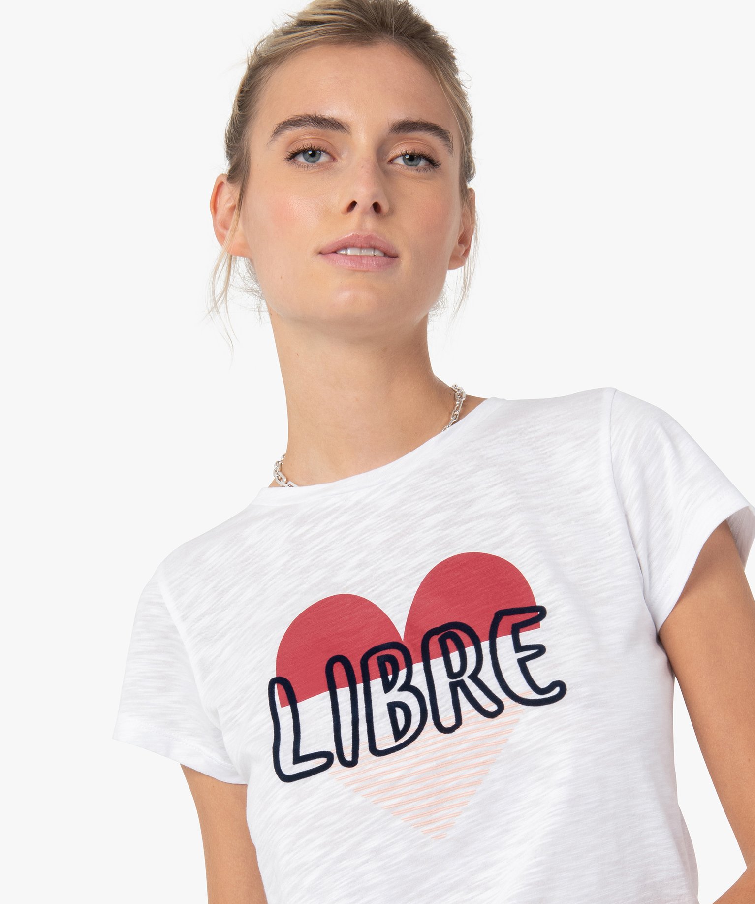 Tee-shirt femme à manches courtes avec motif cur blanc | GEMO