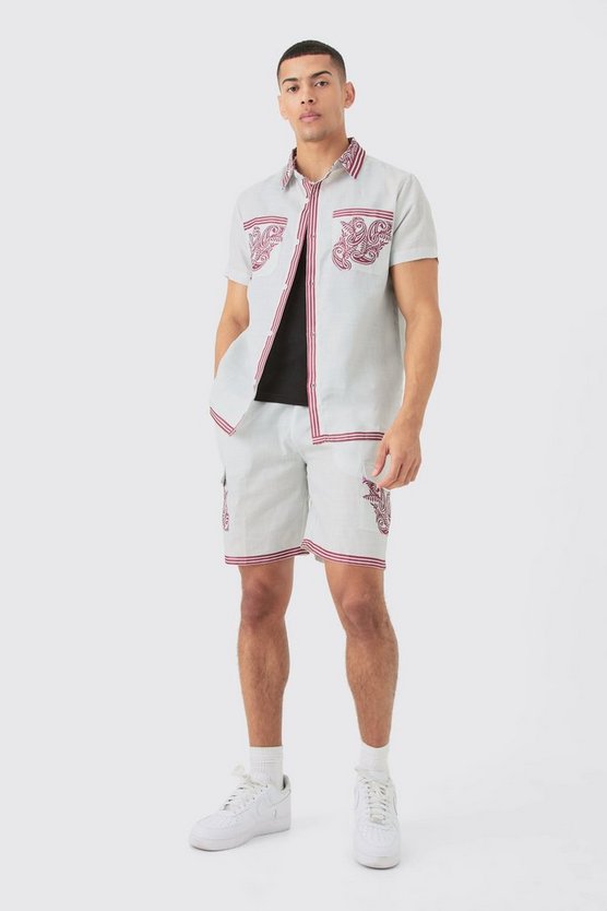 Hemd & Shorts im Leinenlook mit Taschen und Kragen-Detail