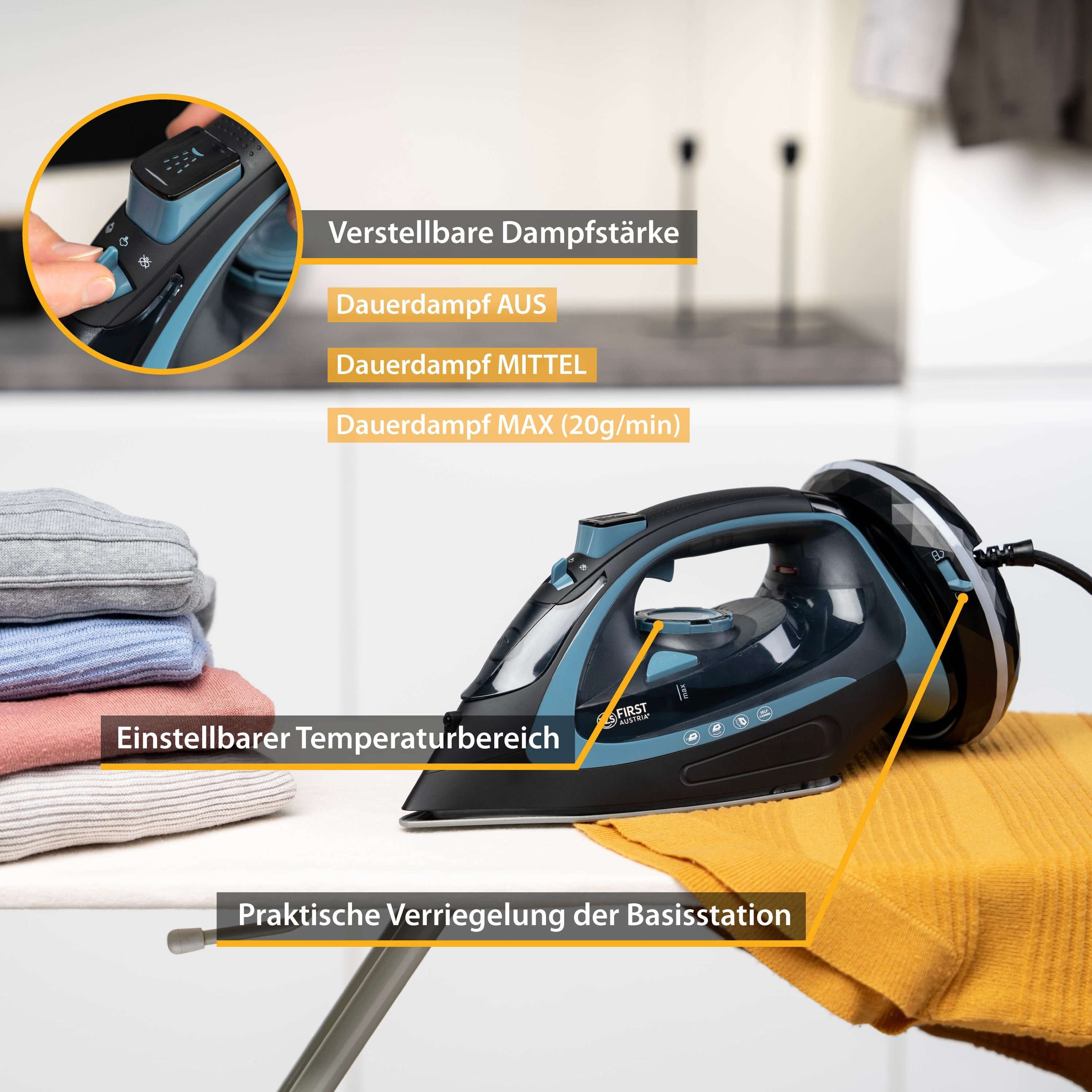 TZS FIRST AUSTRIA Dampfbügeleisen Bügeleisen kabellos, mit Basisstation, verstellbare Temperatur, 2400 W, Keramik, Vertikaldampf, Tropfstop, Antikalk, 450 ml Wassertank