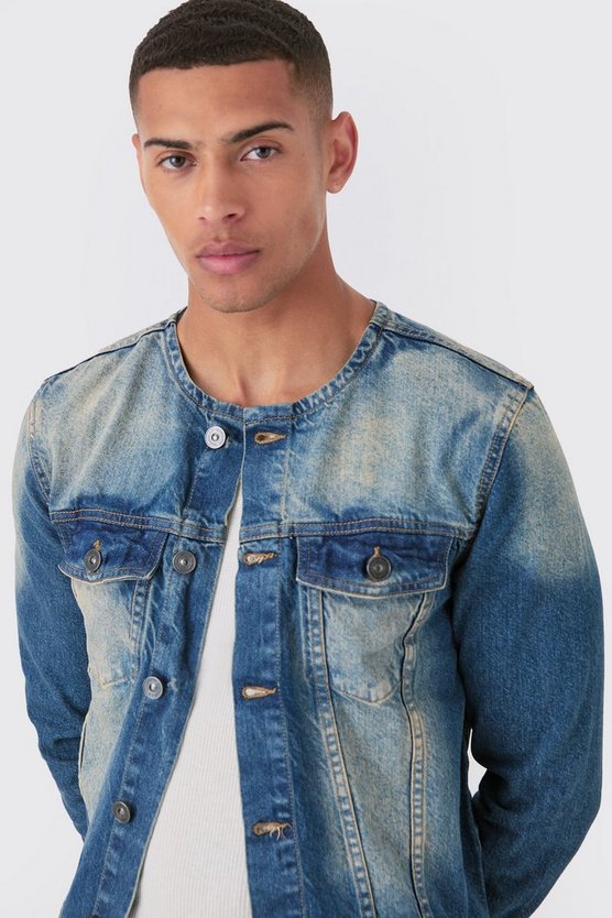 Kragenlose Jeansjacke in Antik-Waschung