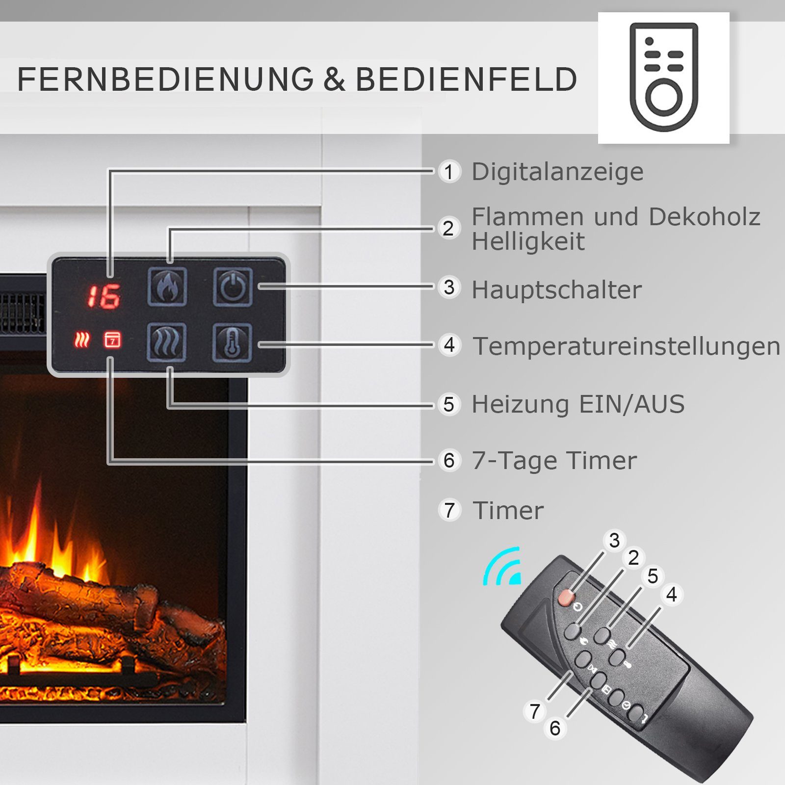 Balderia Elektrokamin Finn, Standkamin mit Heizung 2000W, 3D-Flammeneffekt, Fernbedienung, Timer, Thermostat