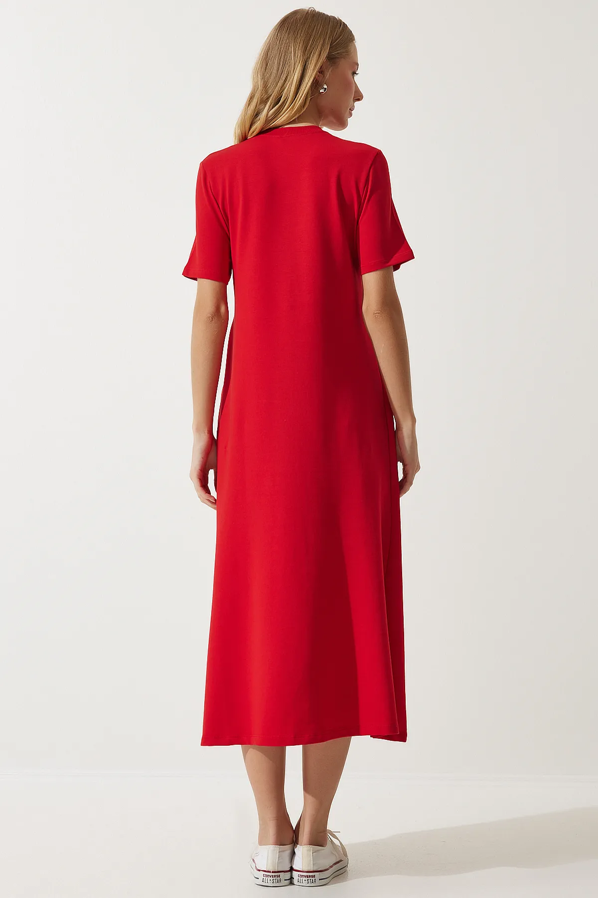 Happiness İstanbul  Rotes A-Linien-Sommerkleid für Damen aus gekämmter Baumwolle UB00060