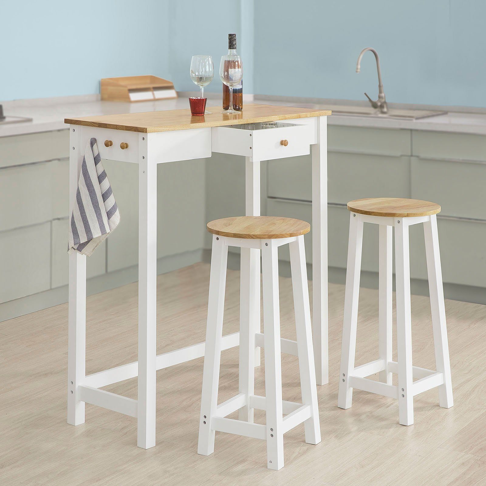 SoBuy Bartisch FWT50, 3-teilig Stehtisch mit 3 Haken Bistrotisch mit 2 Hockern