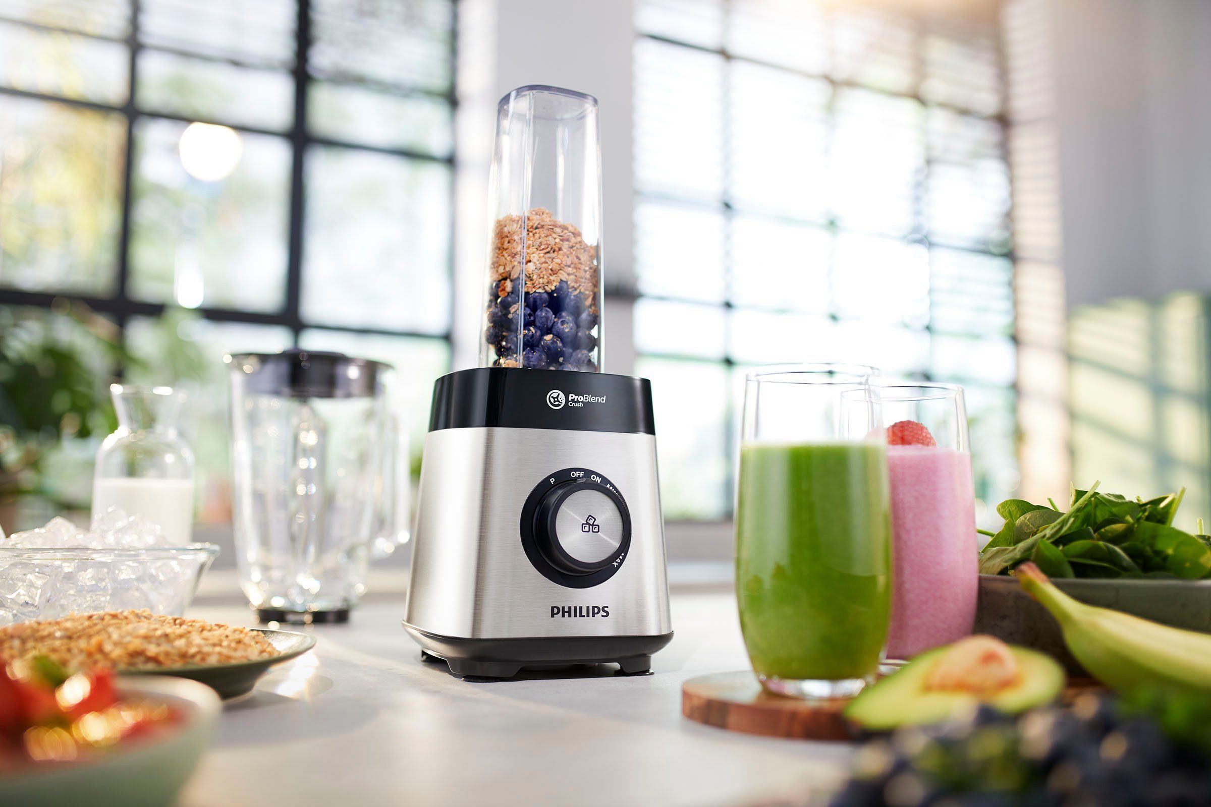 Philips Standmixer HR3573/90, 1000 W, 27.000 U/Min. und 1,5l Volumen, inkl. Glasbehälter mit Trinkaufsatz