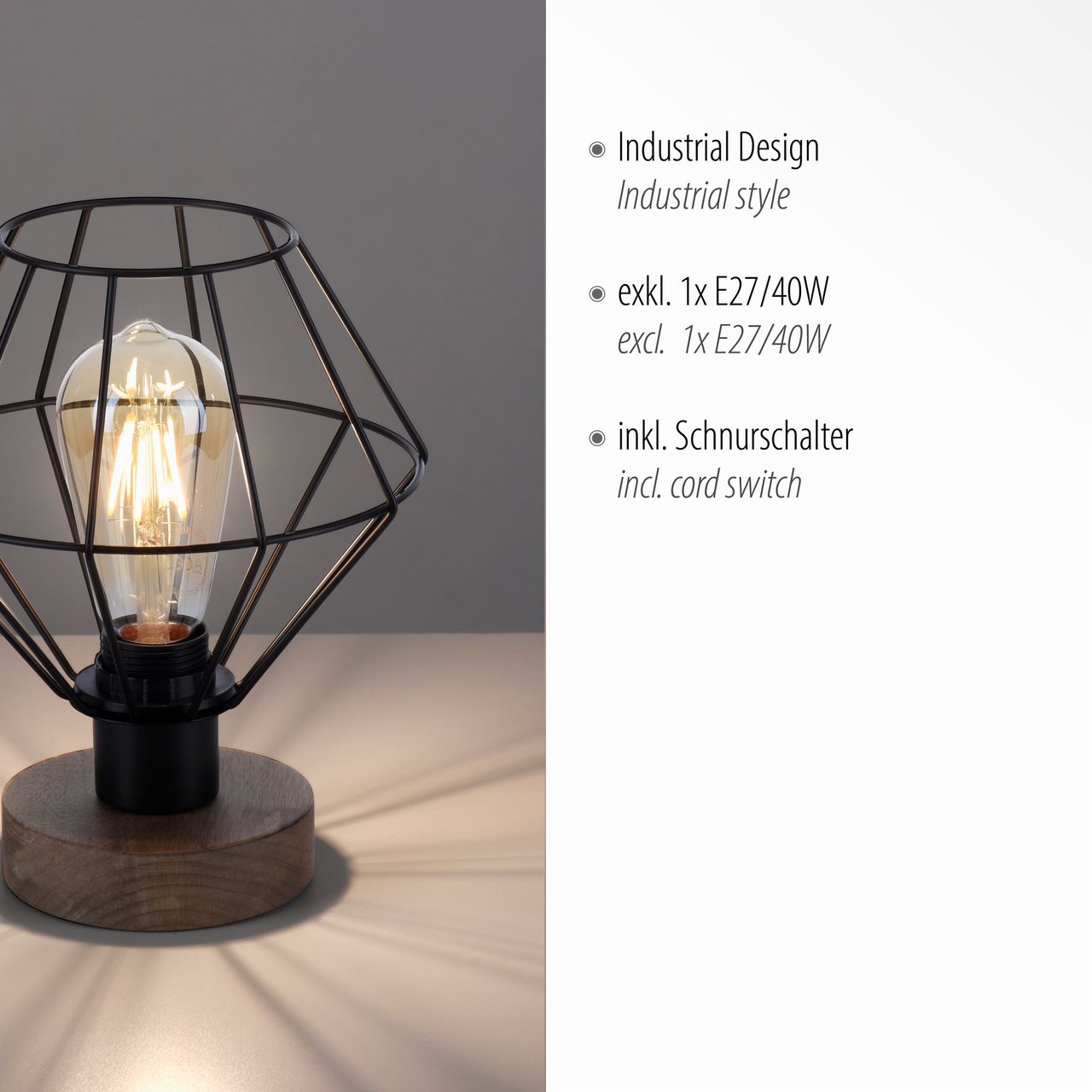JUST LIGHT LeuchtenDirekt Tischleuchte KASKA, Holzdekor, 1xE27 max. 40 W, Innenleuchte, IP20