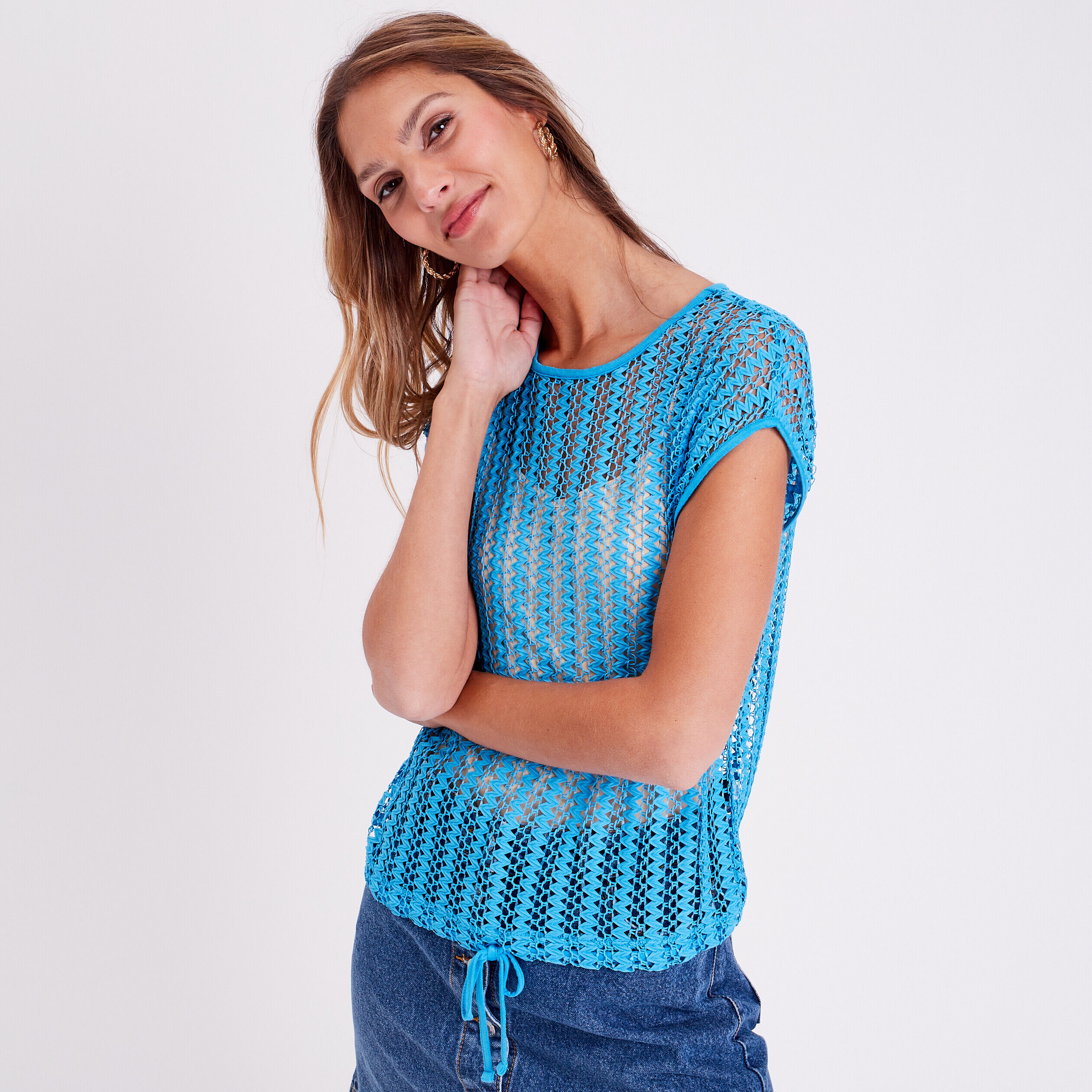 T-shirt macramé ajouré bleu femme | Cache Cache