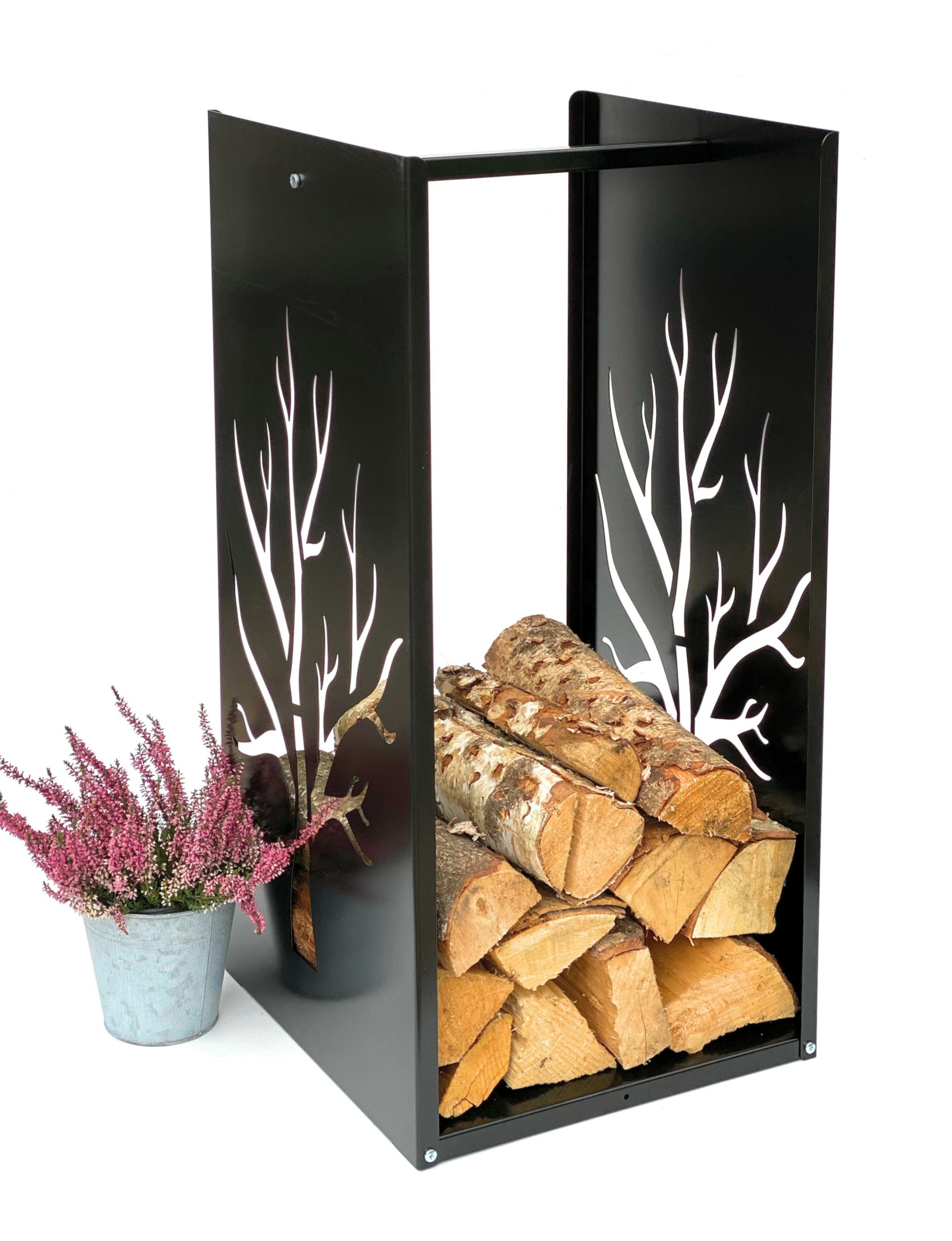 DanDiBo Kaminholzregal Kaminholzregal Metall Schwarz Innen Kaminholzständer 96196 Holzkorb 80 cm Kaminholzhalter Holzregal Eckig Baum
